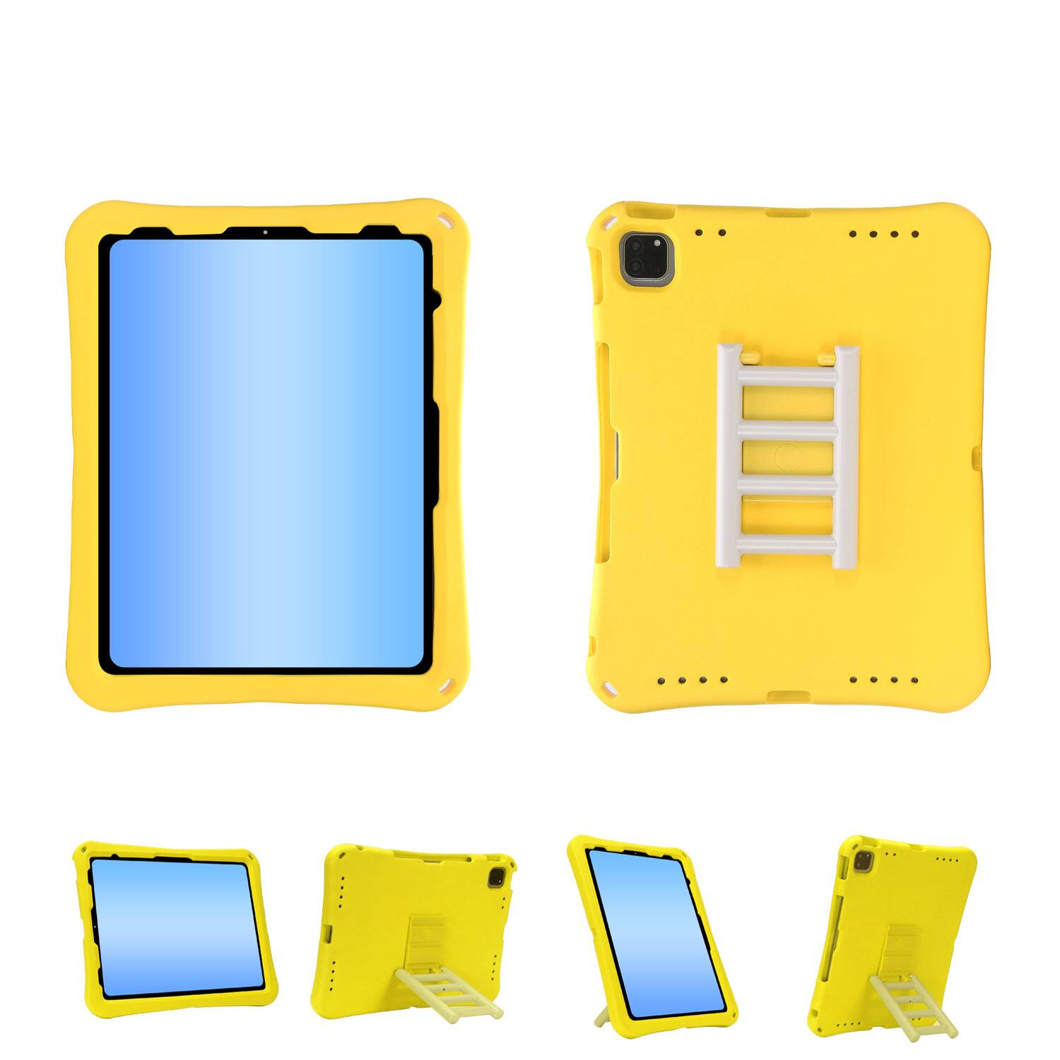 The image shows a yellow tablet case with a built-in stand.