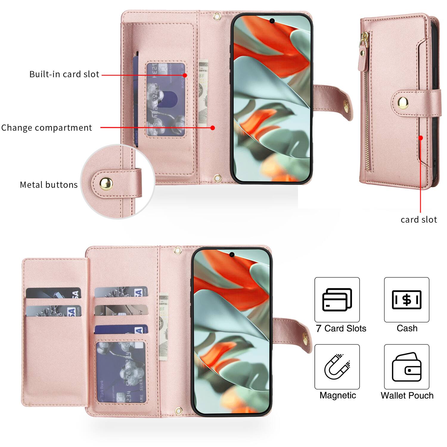 Built-in card slot  
Change compartment  
Metal buttons  
Card slot  

7 Card Slots  
Cash  
Magnetic  
Wallet Pouch