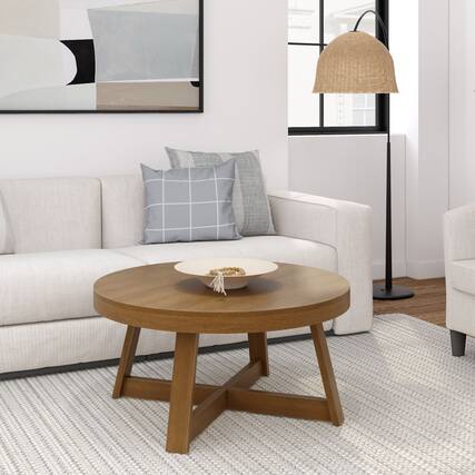 Front. Plank+Beam - Classic Round Coffee Table (36in x 36in / 910mm x 910mm), Pecan Wirebrush - Pecan Wirebrush.