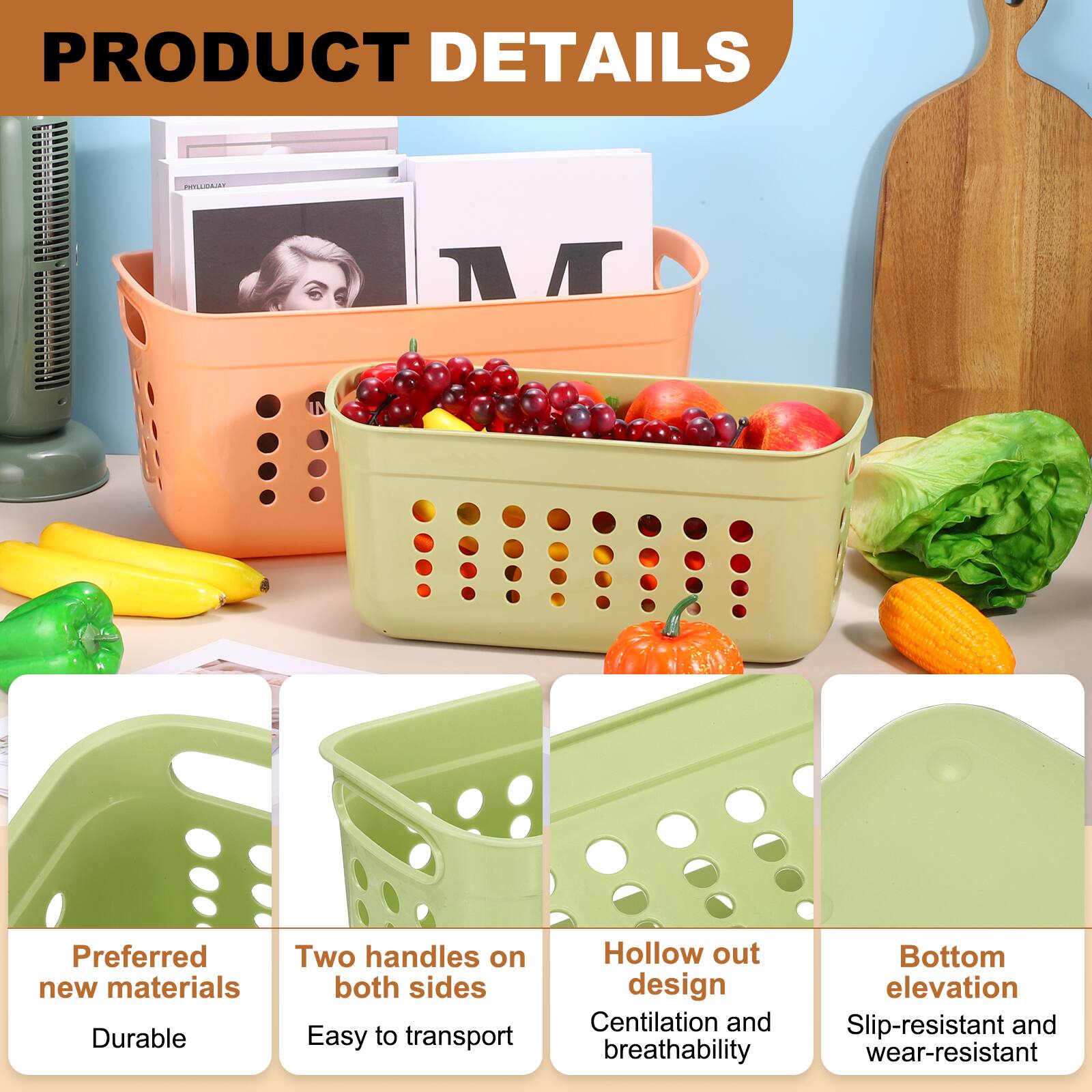 PRODUCT DETAILS

- Preferred new materials
  - Durable

- Two handles on both sides
  - Easy to transport

- Hollow out design
  - Centilation and breathability

- Bottom elevation
  - Slip-resistant and wear-resistant