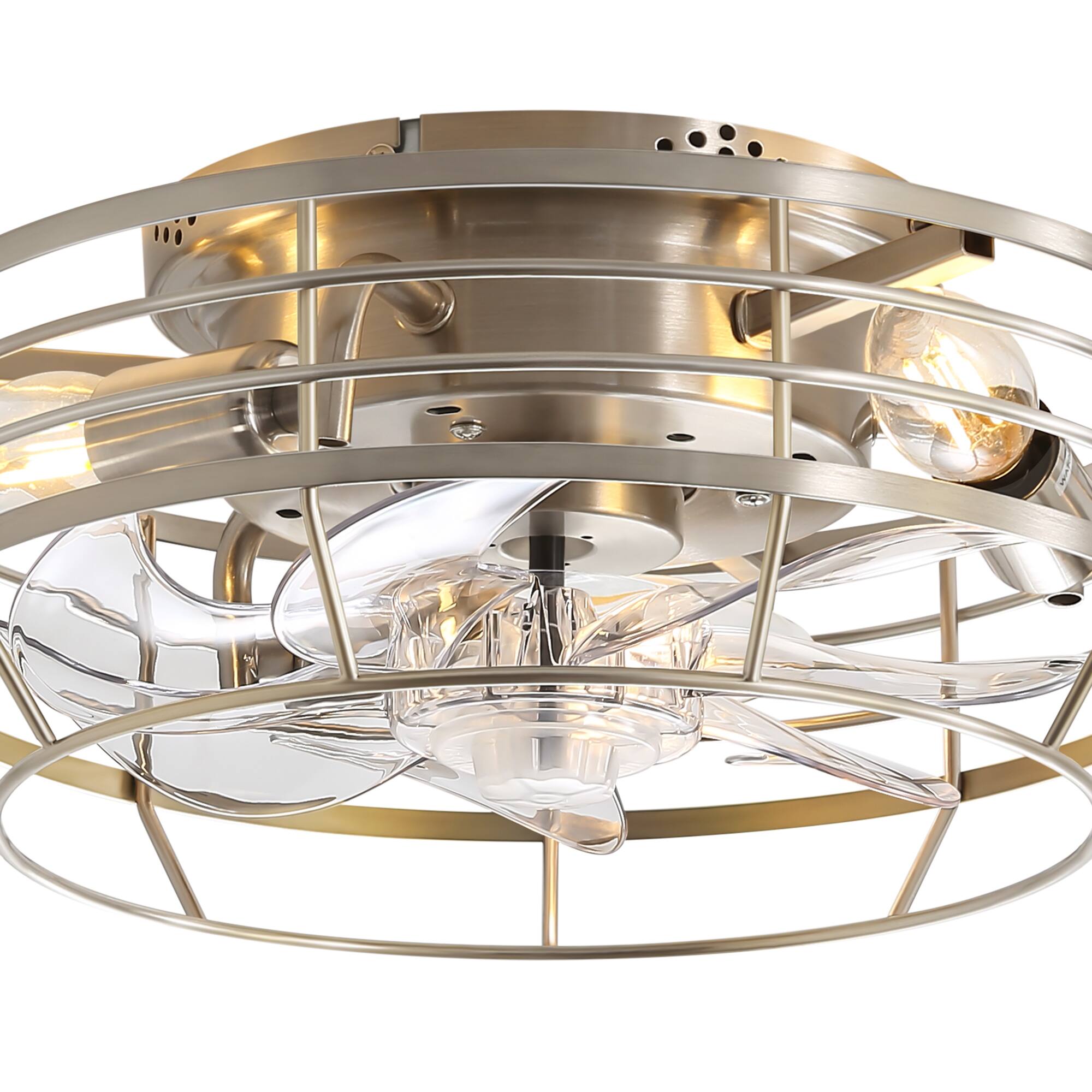 Left. Breezary - 12" Indoor Flush Mount Cage Ceiling Fan with Remote, 7 Blades, 6-Speed DC Motor, Timer & Memory, Compact for Small Rooms - Satin Nickel.