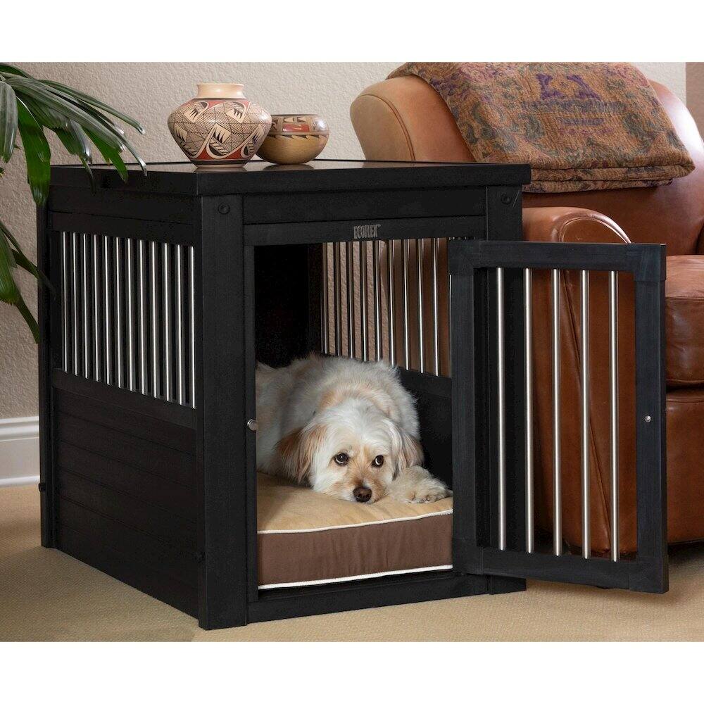 Angle. New Age Pet - ECOFLEX Dog Crate End Table - Espresso Medium.