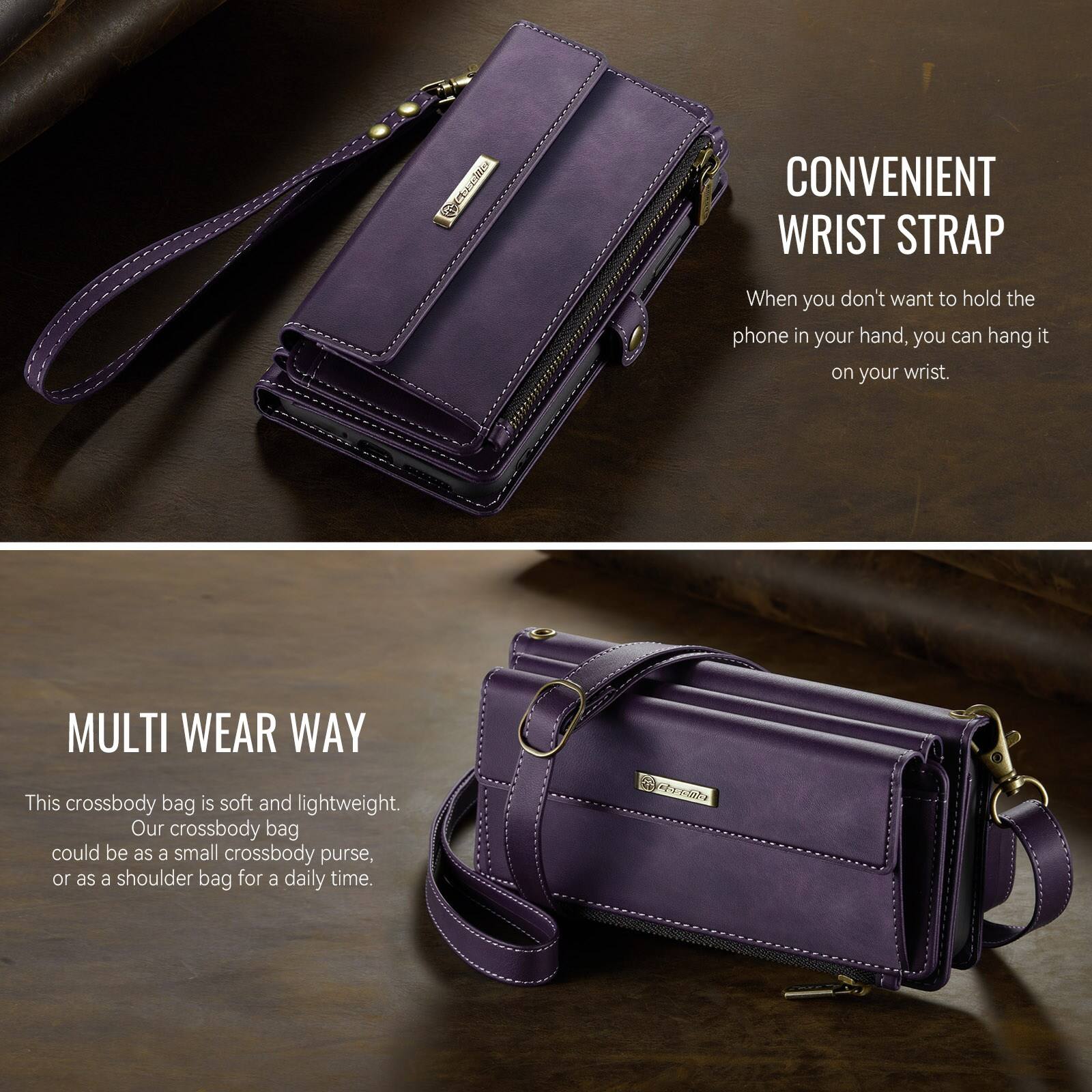 CONVENIENT WRIST STRAP  
When you don't want to hold the phone in your hand, you can hang it on your wrist.  

MULTI WEAR WAY  
This crossbody bag is soft and lightweight. Our crossbody bag could be as a small crossbody purse, or as a shoulder bag for a daily time.