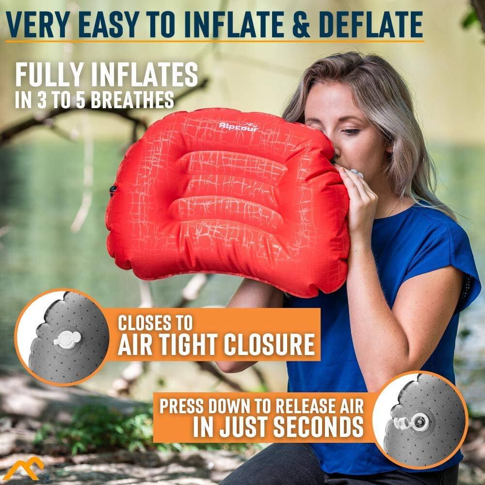 VERY EASY TO INFLATE & DEFLATE

FULLY INFLATES IN 3 TO 5 BREATHS

CLOSES TO AIR TIGHT CLOSURE

PRESS DOWN TO RELEASE AIR IN JUST SECONDS