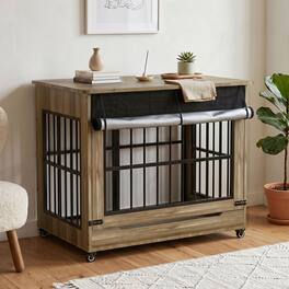 Anysun - 46" Wooden Dog Crate Furniture, Double Door Indoor Kennel, Decorative Pet Cage End Table w/ Wheels, for Extra Large Dogs