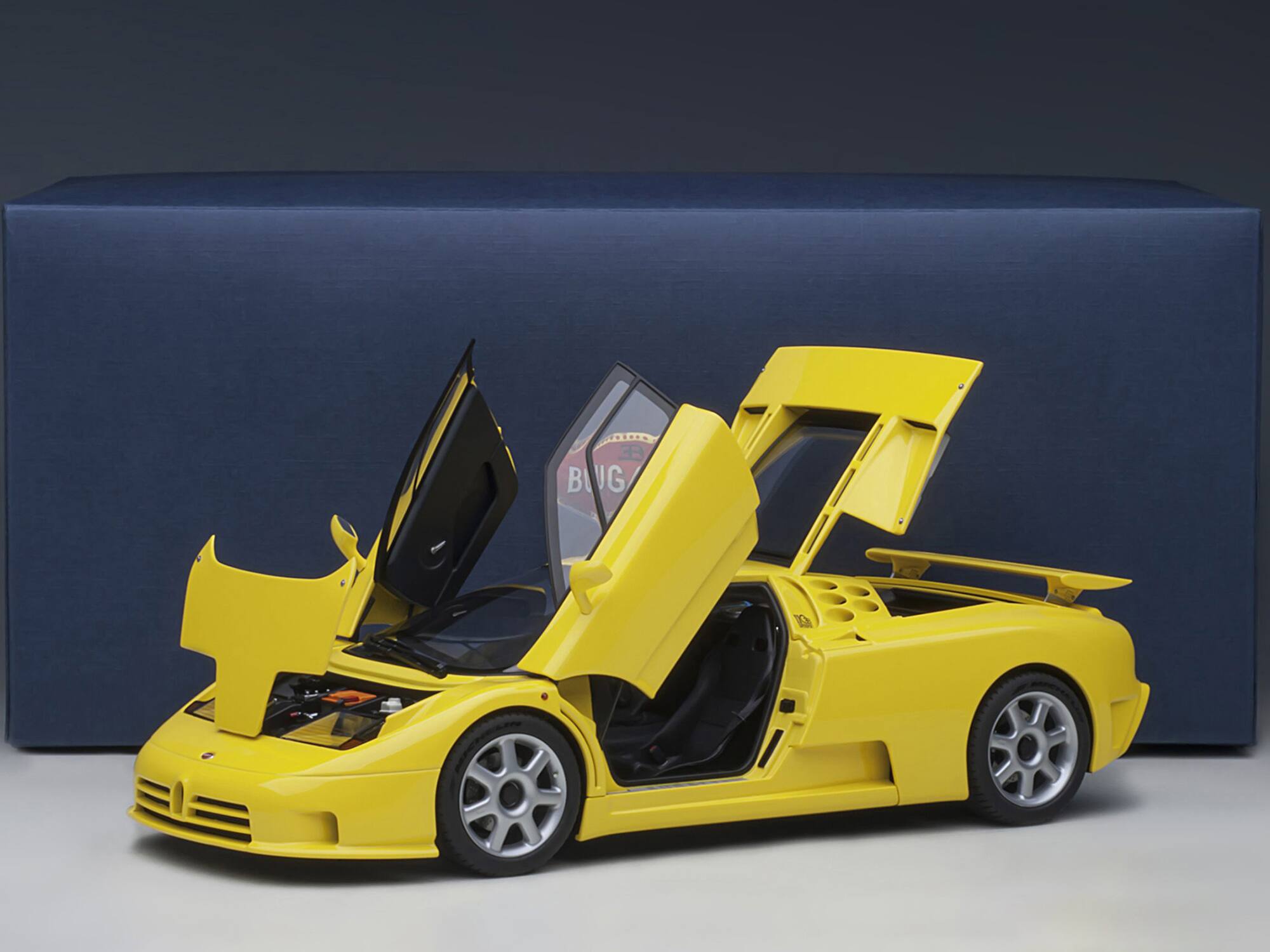Alt View 5. Autoart - Bugatti EB110 SS Super Sport Giallo Bugatti Yellow with Silver Wheels 1/18 Model Car by Autoart.