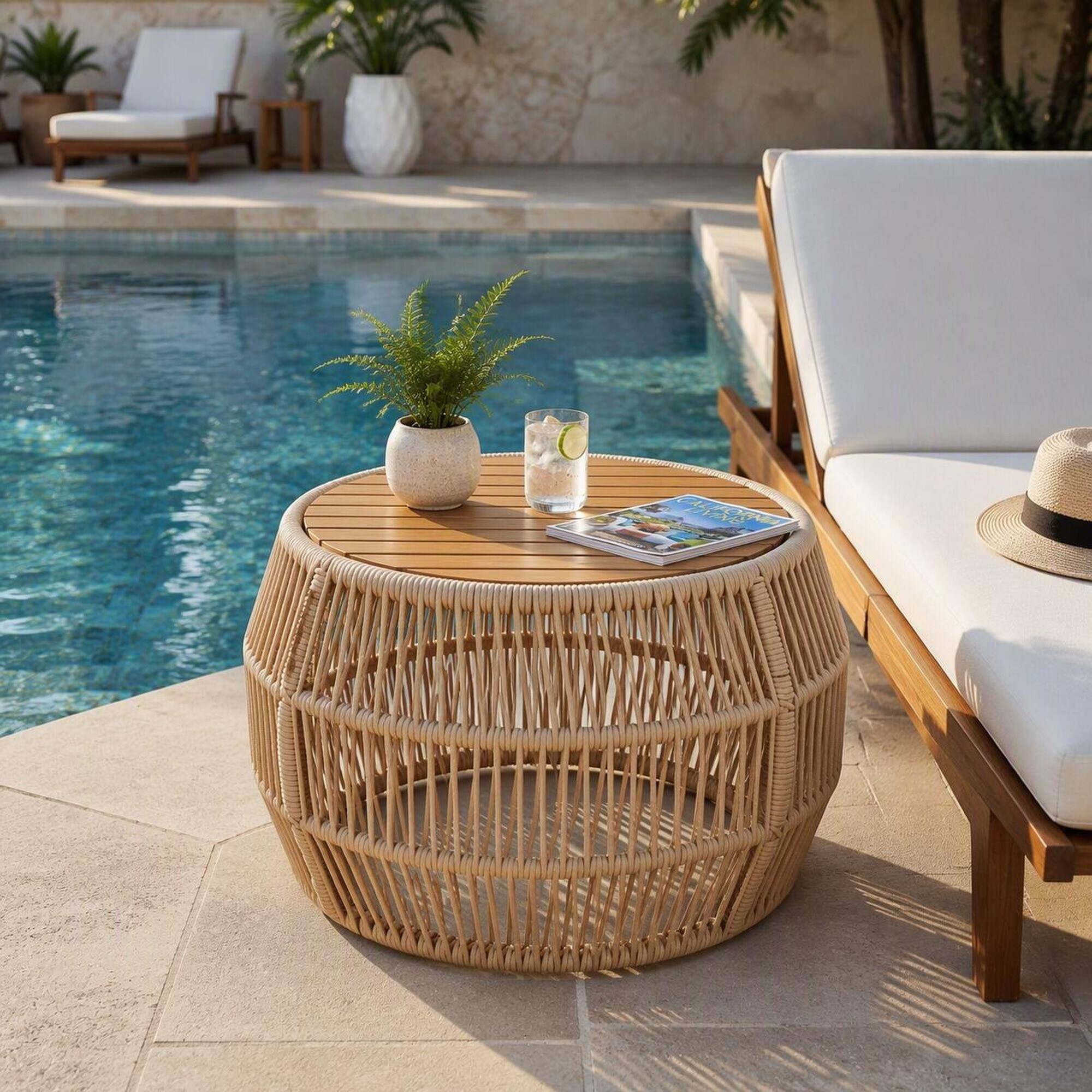 Alt View 1. RYHNUYNE - Outdoor Round Coffee Table,Rattan Rope & Acacia Wood Patio Furniture, \Weather Resistant for Garden Yard Balcony - Light beige,Teak.