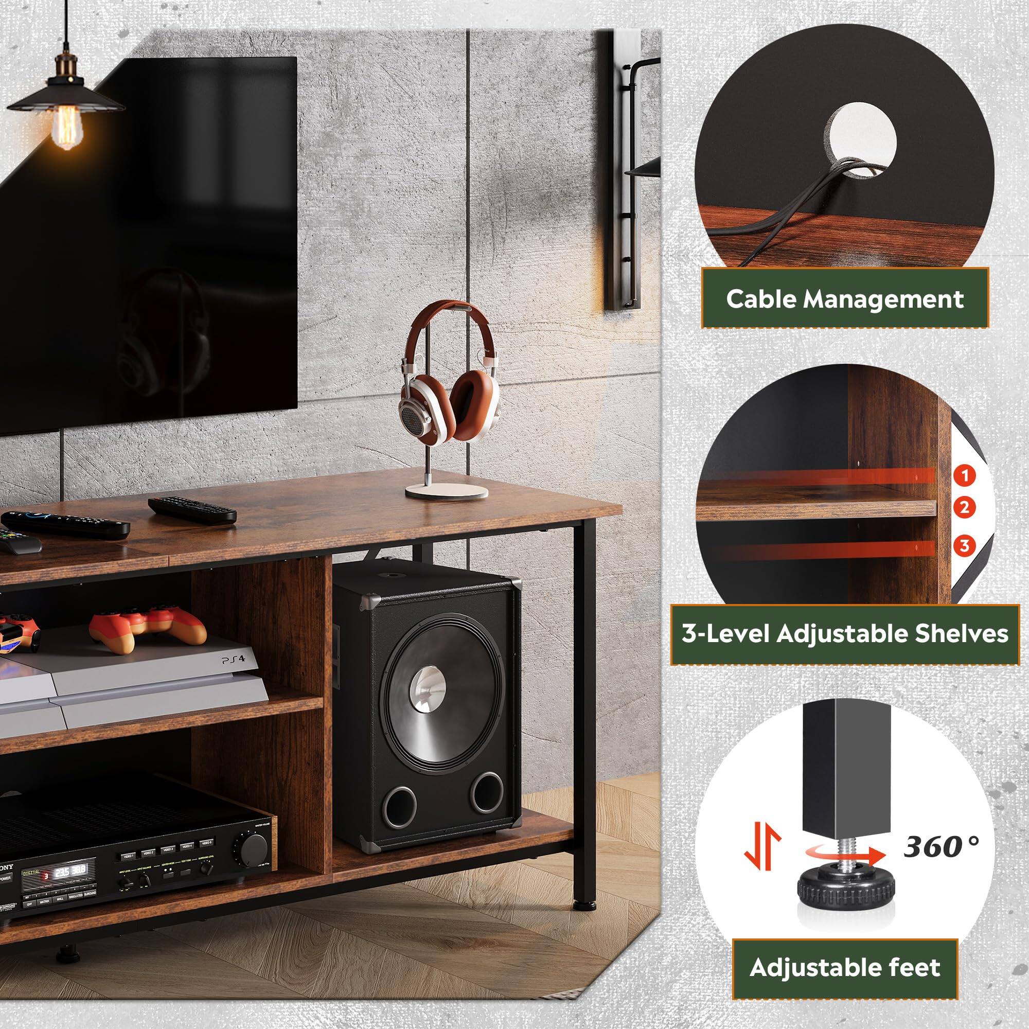 Cable Management

3-Level Adjustable Shelves

Adjustable feet

360°