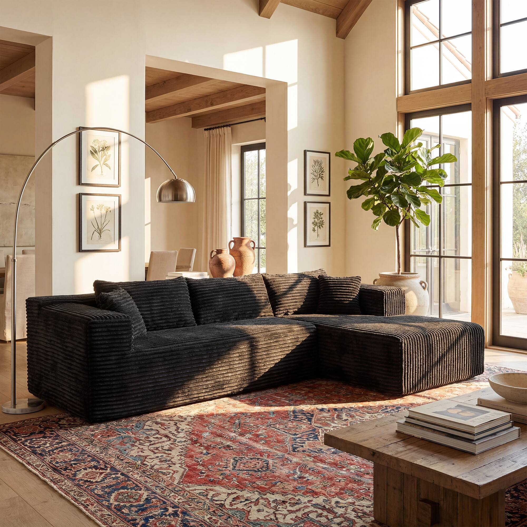 Alt View 1. FUFU & GAGA - Modular Corduroy L-Shaped Sectional Sofa with Chaise, High-Density Rebound Sponge Cushions Tool-Free Assembly - Black.