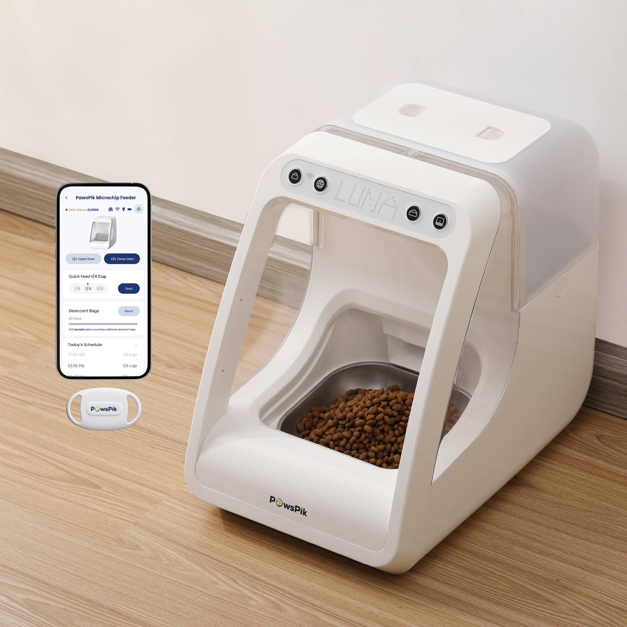 PawsPik Microchip Feeder our Quinas Open for HK Likese BAVER

LUNA

Quick Feed 1/4 Cup
18
(4
food
Desiccount Bags
-
-
servit. - conton - - Inst
Todoy's Schedule
07:20 at
cup
02:25 PM
) cup
PowsPik P
wsPik