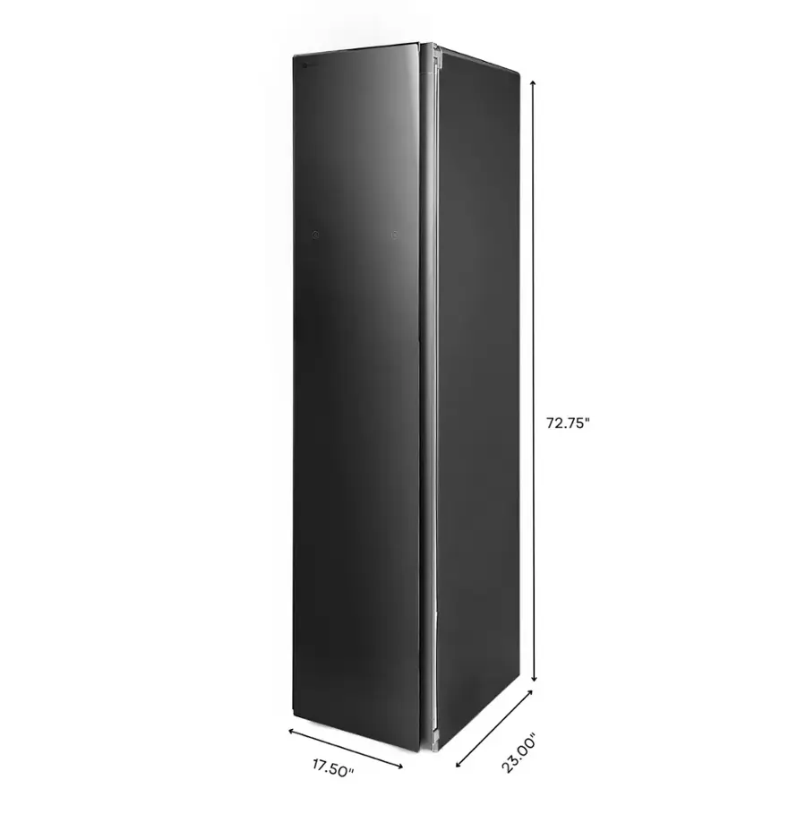 The image shows a tall black object, which is a refrigerator, standing next to a wall. The dimensions of the refrigerator are 72.75 inches in height, 17.50 inches in width, and 23.00 inches in depth.