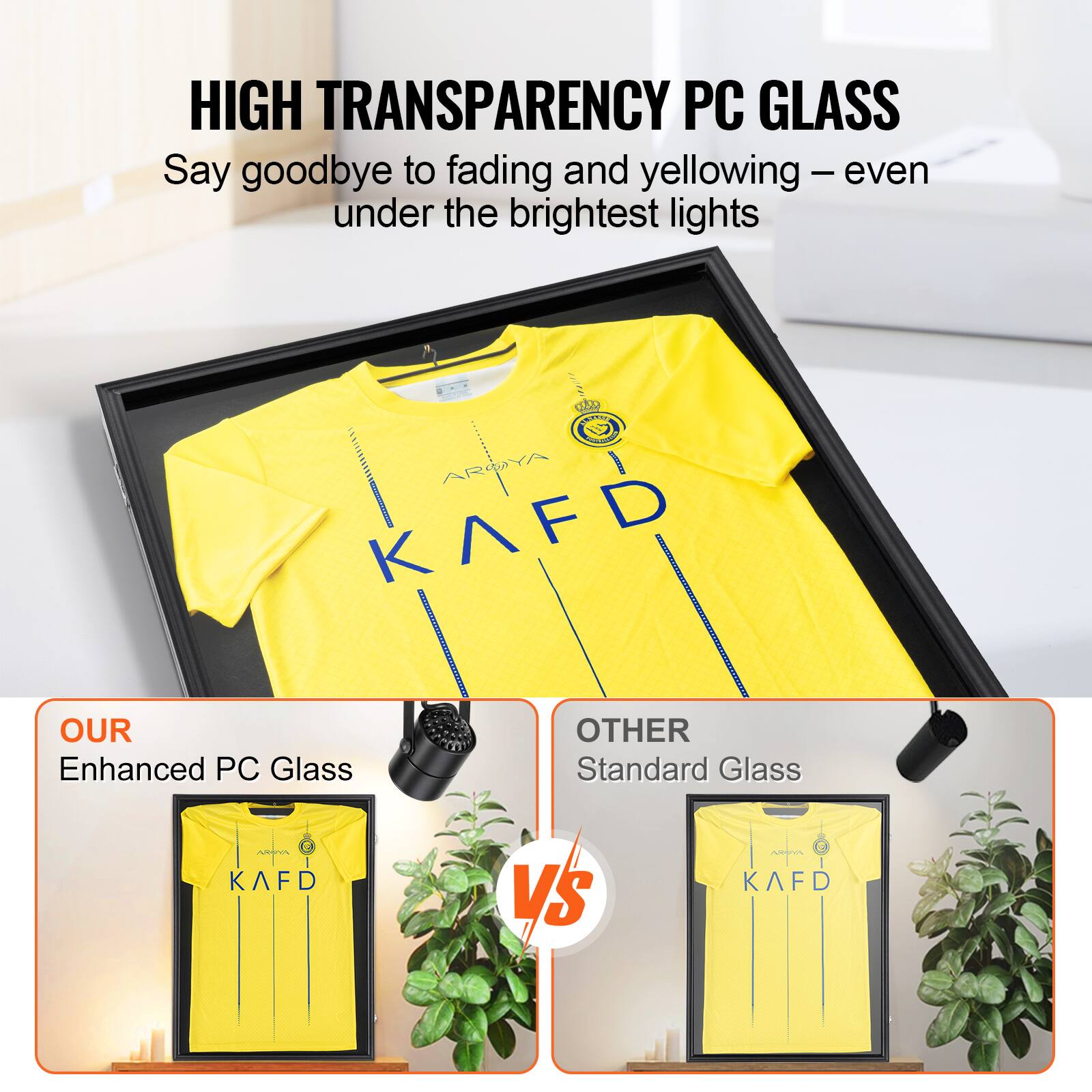 HIGH TRANSPARENCY PC GLASS  
Say goodbye to fading and yellowing – even under the brightest lights  

OUR Enhanced PC Glass  
vs  
OTHER Standard Glass