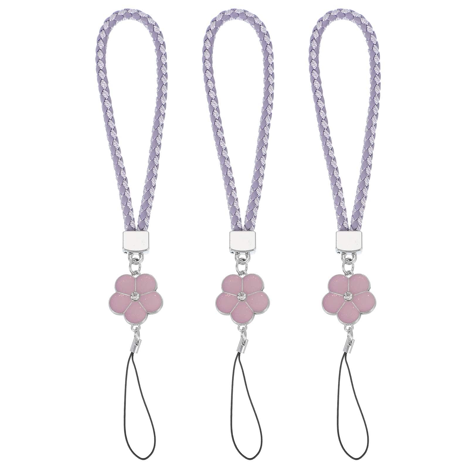 Unique Bargains - 3pcs Creative Braided Flower Phone Charm Wrist Lanyard for Case Camera Keychain Hand String - Purple