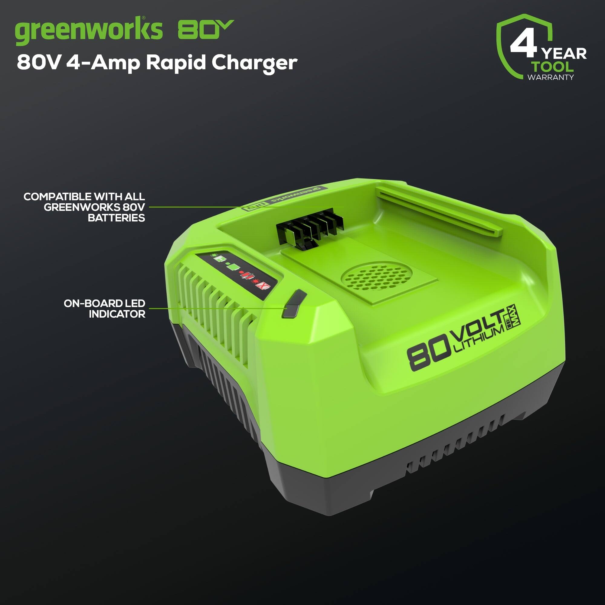 Greenworks BOY 80V 4-Amp Rapid Charger 4 YEAR TOOL WARRANTY COMPATIBLE WITH ALL GREENWORKS 80V BATTERIES ON-BOARD LED INDICATOR MAX 80 LITHIUM