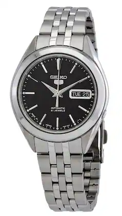 Seiko - 5 Automatic SNKL23J1 Mens Watch 21 Jewels Japan Made Stainless Steel Black Dial Day/Date Display 30M - Silver/Black