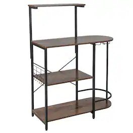 Kadyn - 4-Tier Kitchen Bakers Rack with 6 S-Hooks and Stemware Racks-Rustic Brown, Storage Rack Microwave Oven Stand - Brown