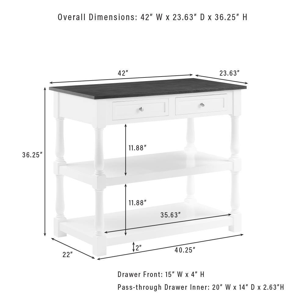 Overall Dimensions: 42" W x 23.63" D x 36.25" H  
42"  
23.63"  
36.25"  
11.88"  
11.88"  
35.63"  
22"  
2"  
40.25"  
Drawer Front: 15" W x 4" H  
Pass-through Drawer Inner: 20" W x 14" D x 2.63" H