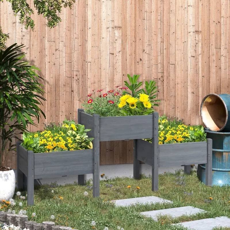 Angle. SlickBlue - Set of 3 Wooden Elevated Planter Boxes – Raised Garden Beds for Vegetables and Flowers - Grey.