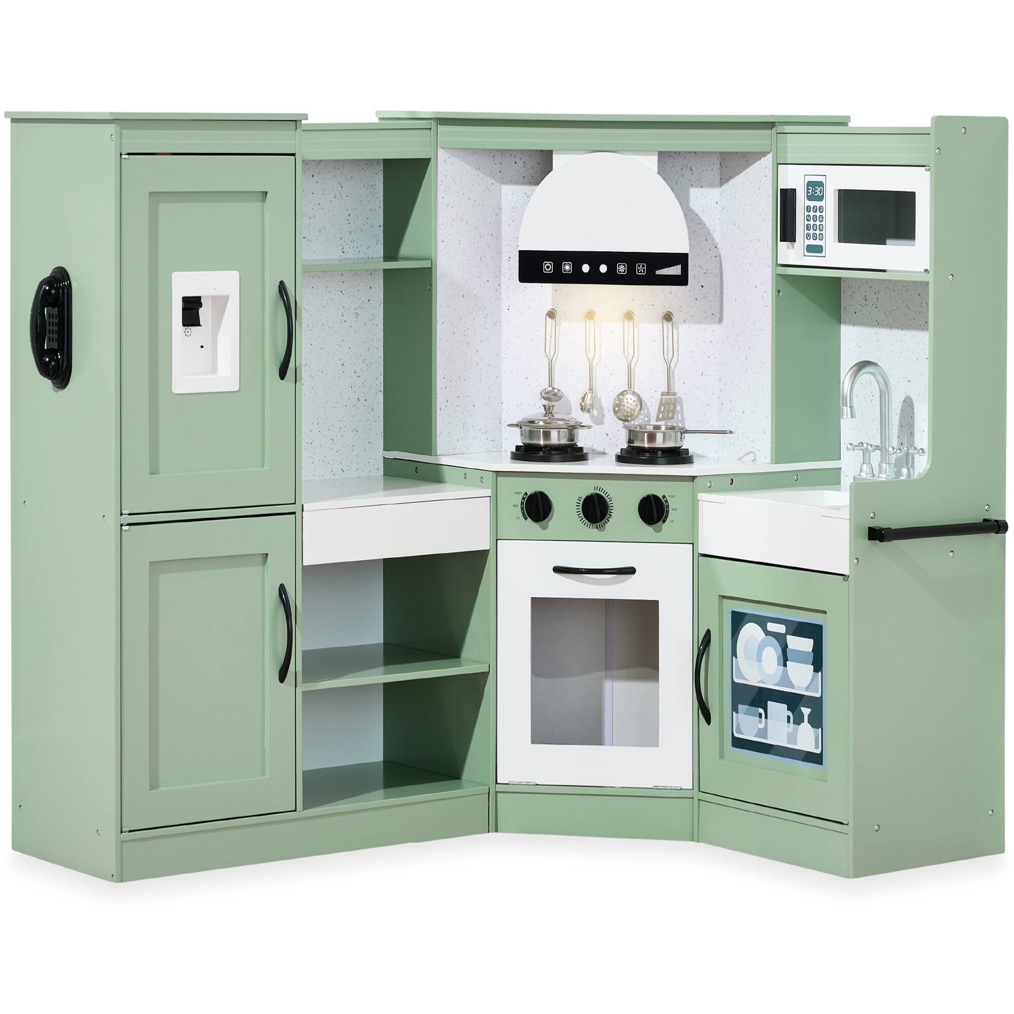 Best Choice Products - Pretend Play Corner Kitchen, Interactive Wooden Kids Set w/ Lights & Sounds - Sage
