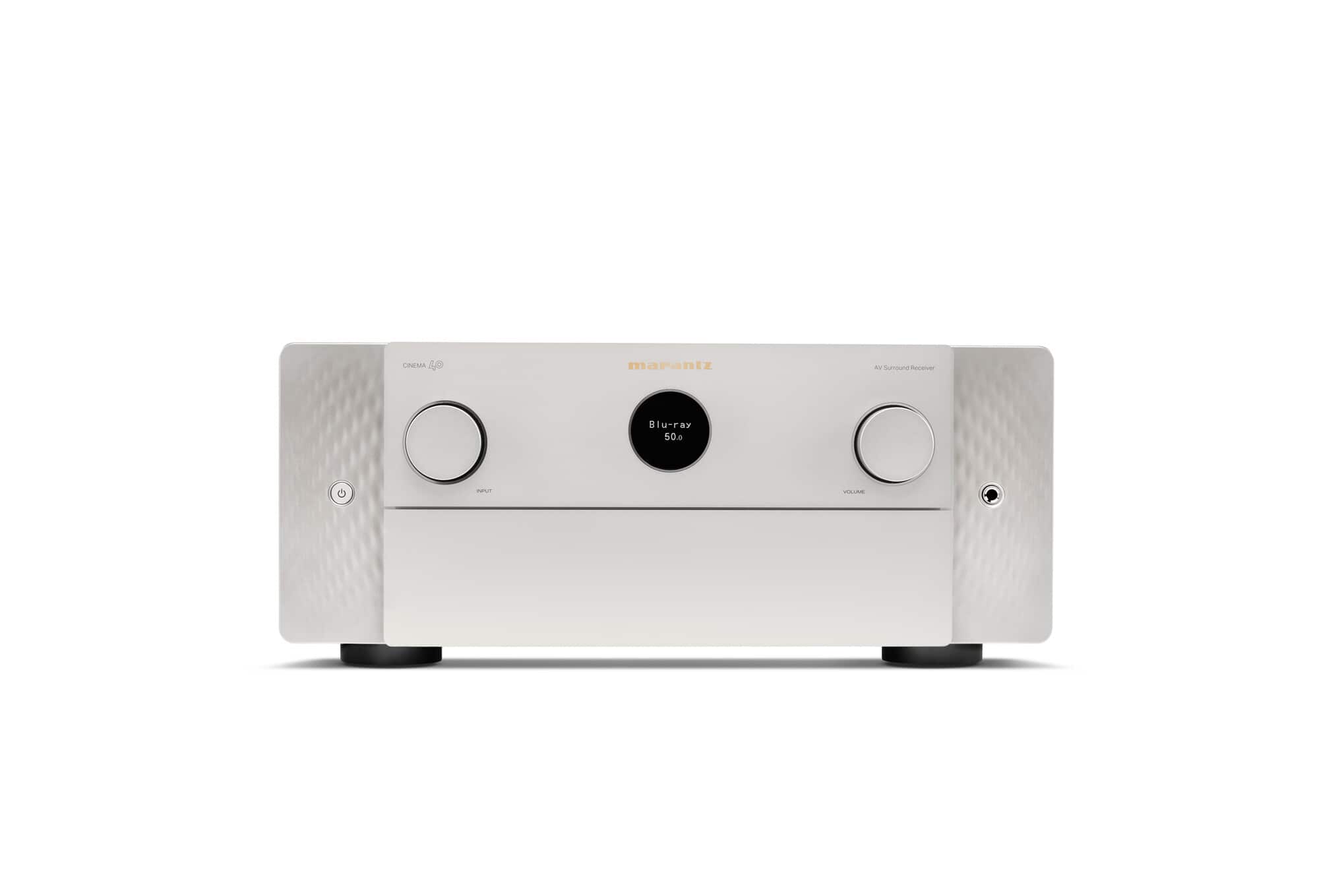 Front. Marantz - Cinema 40 125W 9.4 Ch Bluetooth Capable with HEOS and Dolby Atmos 8K Ultra HD A/V Home Theater Receiver with Alexa - Silver Gold.