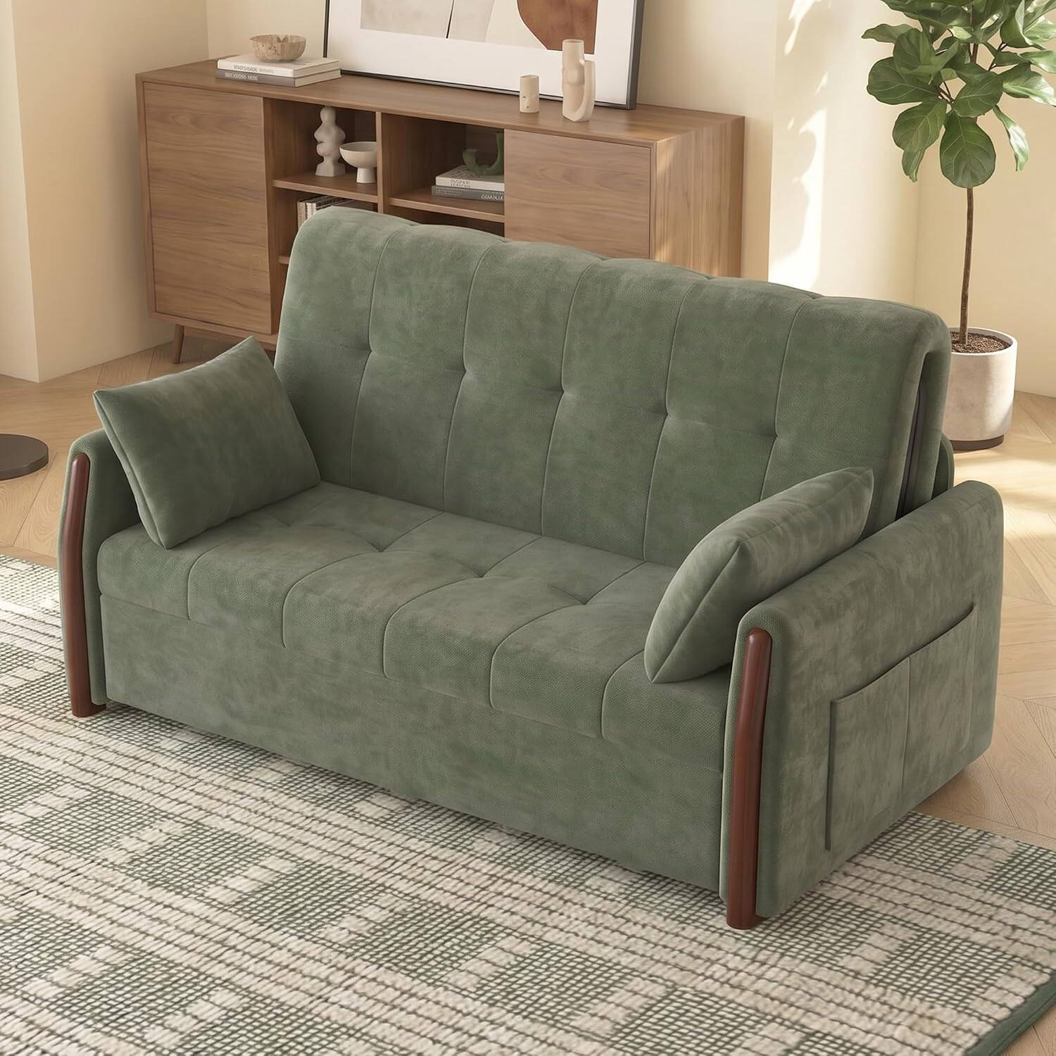 Alt View 1. luck idea - Pull‑Out Sleeper Sofa, 63‑inch Dark Green Convertible Sofa Bed with Storage, Side Pockets & 2 Throw Pillows - green.