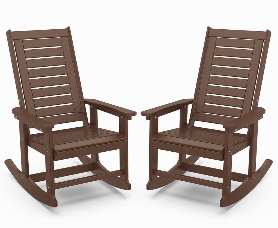 Front. FODINGHILL - Upgraded Set of 2 Oversized HDPE Rocking Chairs, High Back Porch Rockers, Durable Ladder Back Design - BrownWood.