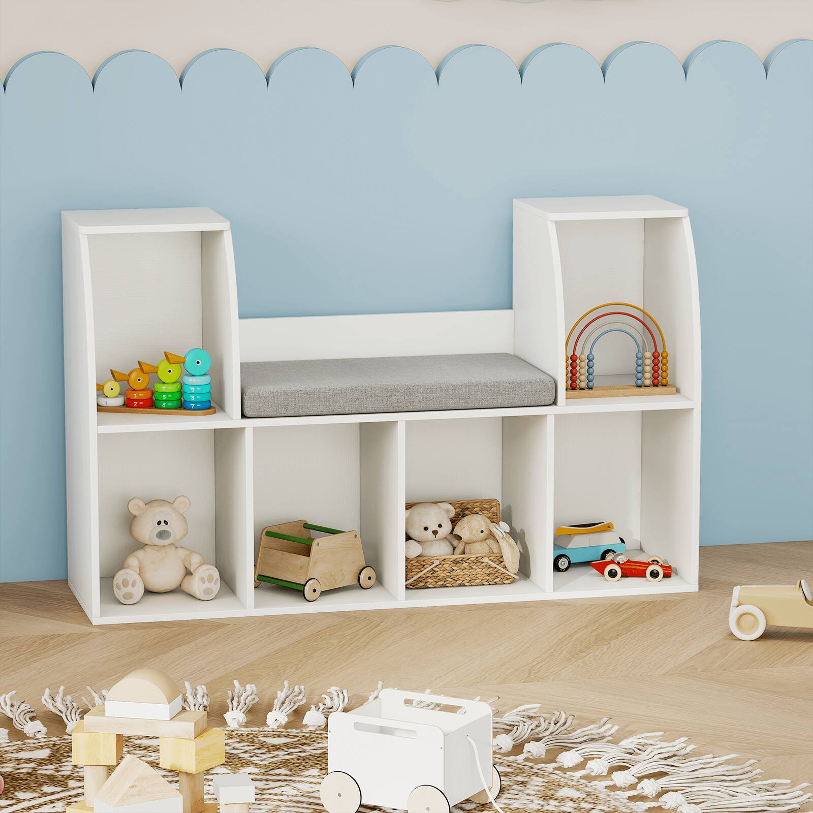 Alt View 1. Costway - Costway 6 Cubby Kid Storage Cabinet Bookcase Multi-Purpose Shelf Cushioned Reading Nook - White.