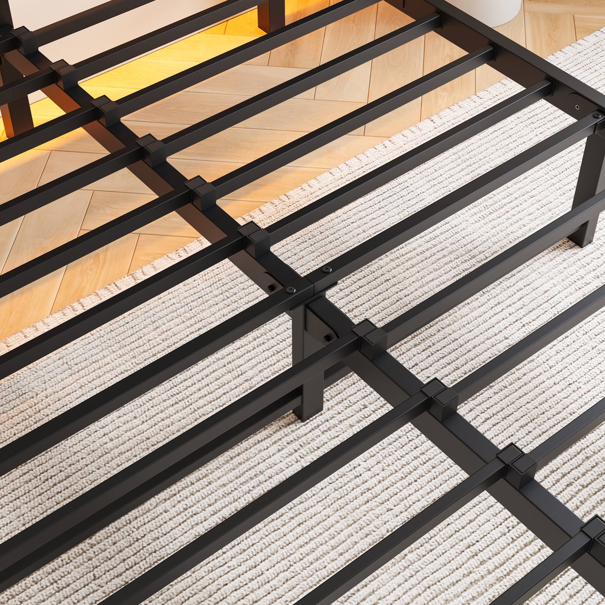 Alt View 10. GOODSILO - Full Size Metal Bed Frame with Wooden Headboard, RGB Lights, Charging Ports, Storage Shelf, Noise-Free Design - Beige+Brown.