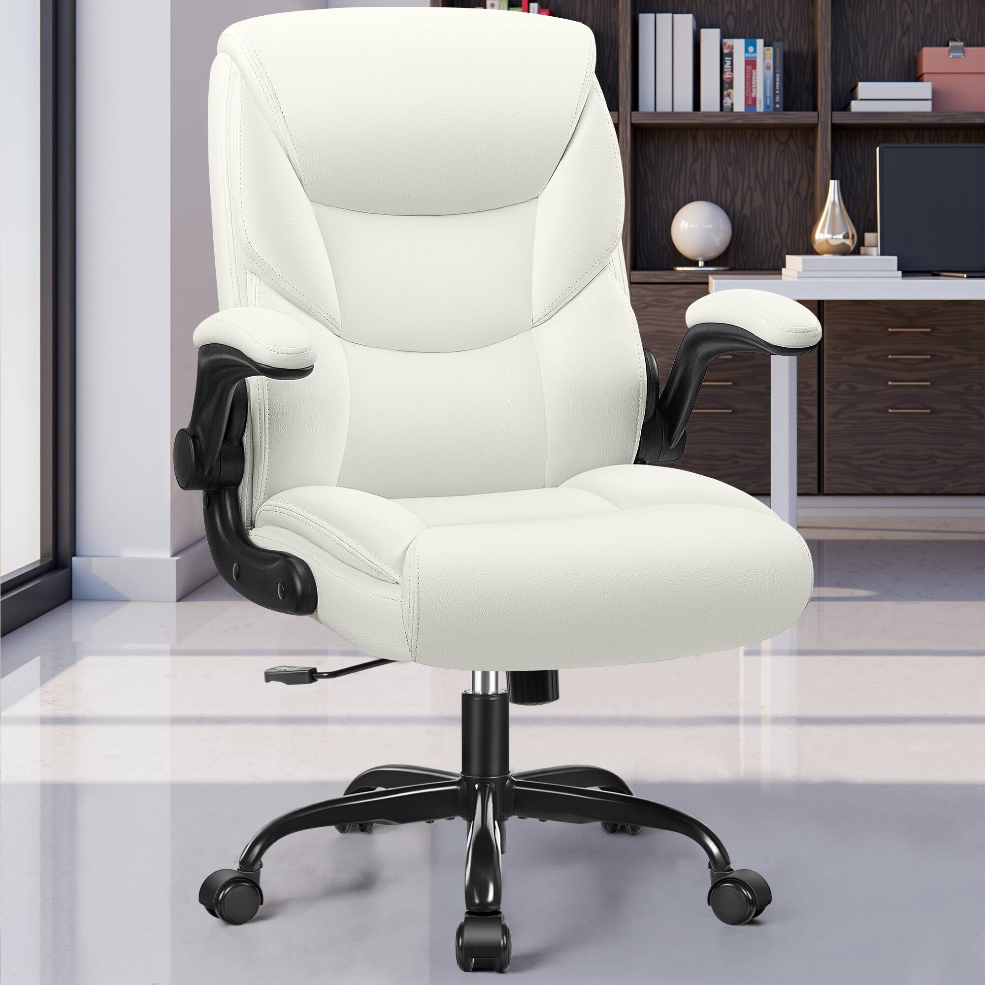 Alt View 4. KERDOM - PU Leather Ergonomic Home Desk Chair, Tilt Small Computer Chair Adjustable Height, Rolling Swivel & Flip-Up Padded Arms - White.