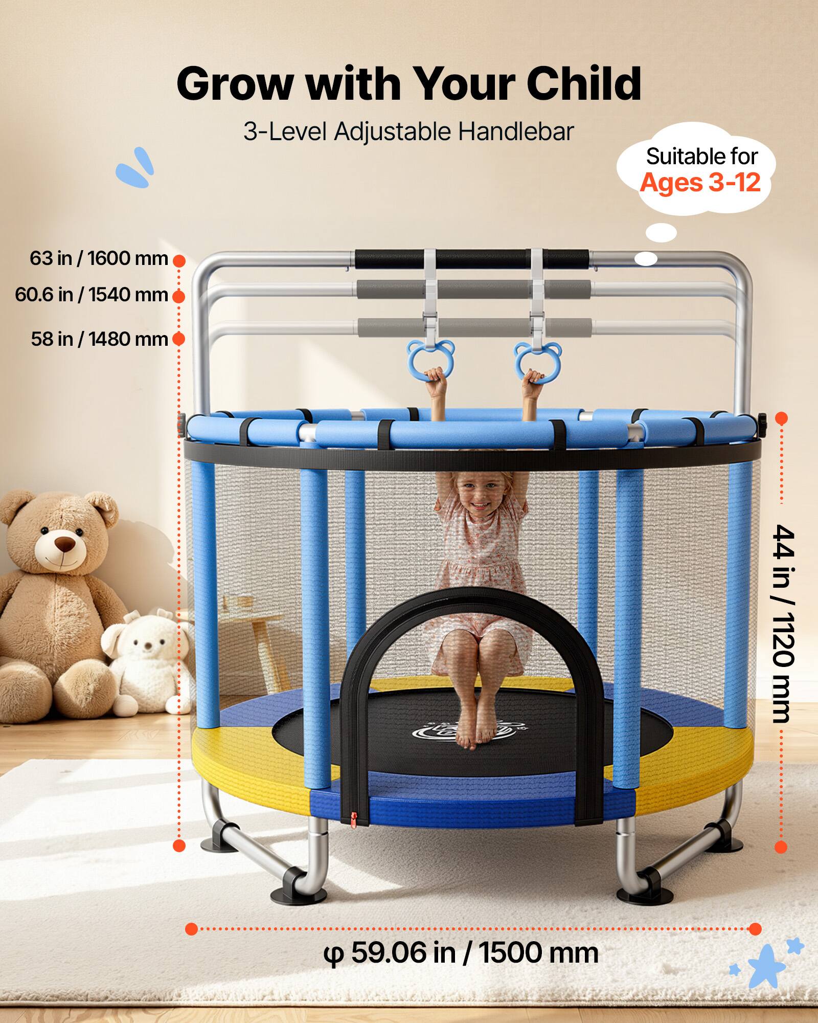 Grow with Your Child  
3-Level Adjustable Handlebar  
Suitable for Ages 3-12  

63 in / 1600 mm  
60.6 in / 1540 mm  
58 in / 1480 mm  
44 in / 1120 mm  
59.06 in / 1500 mm