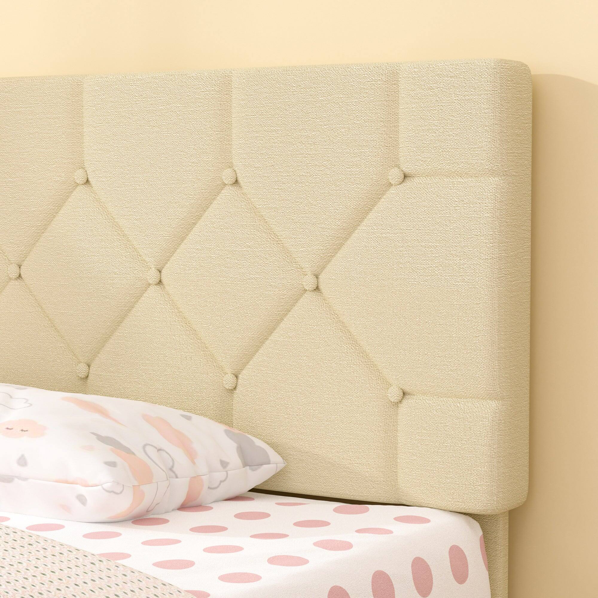 Angle. Vecelo - Queen Size Bed Frame with Button Tufted Headboard,Upholstered Platform Bedframe with Wood Slat Support - Beige.