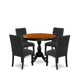 East West Furniture - 5-Piece Round Dining Set Includes a Wooden Dinner Table and 4 Black Linen Fabric Parson Dining - Multi-Color