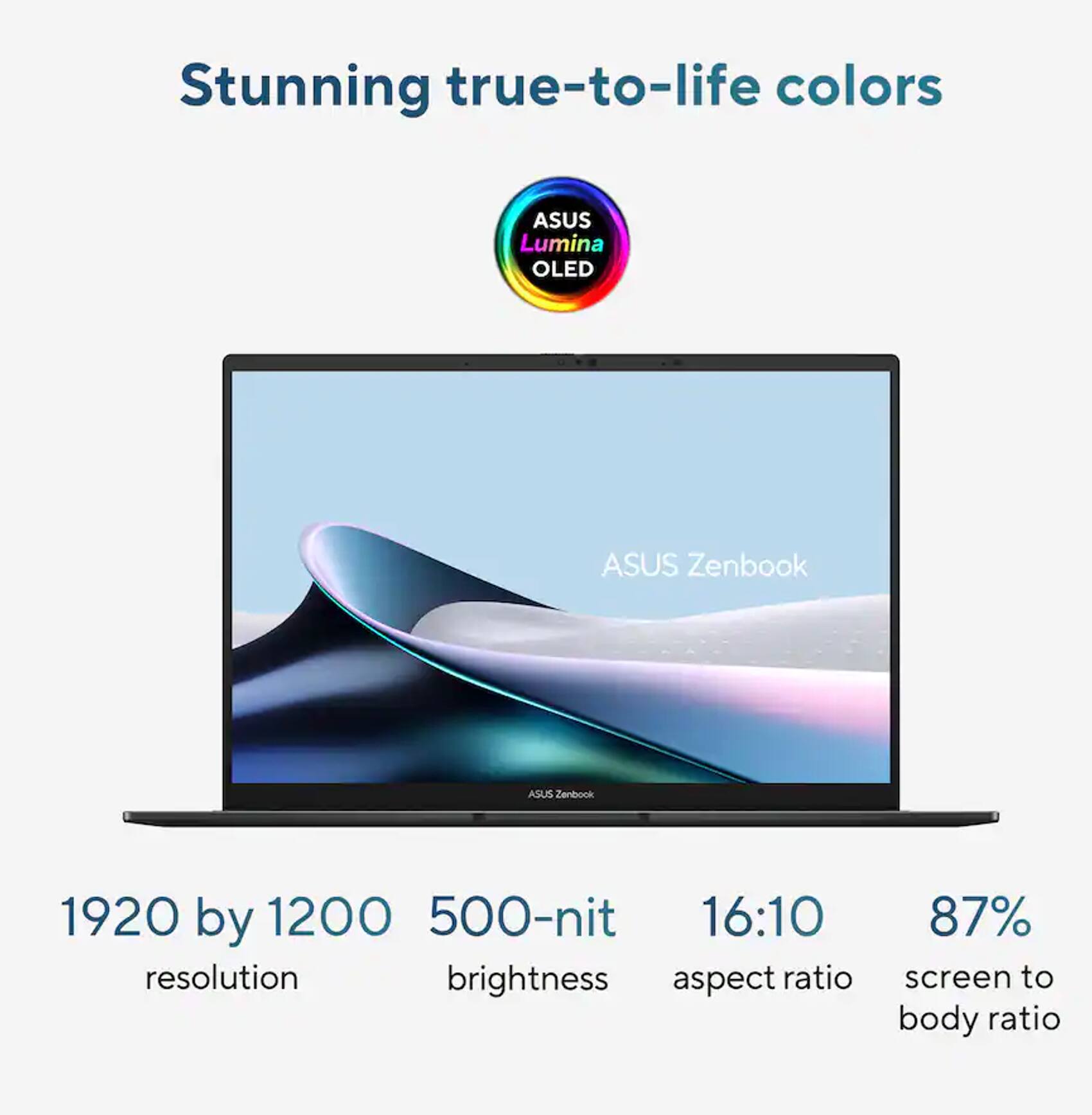 Stunning true-to-life colors

ASUS Lumina OLED

ASUS Zenbook

ASUS Zenbook

1920 by 1200 resolution

500-nit brightness

16:10 aspect ratio

87% screen to body ratio