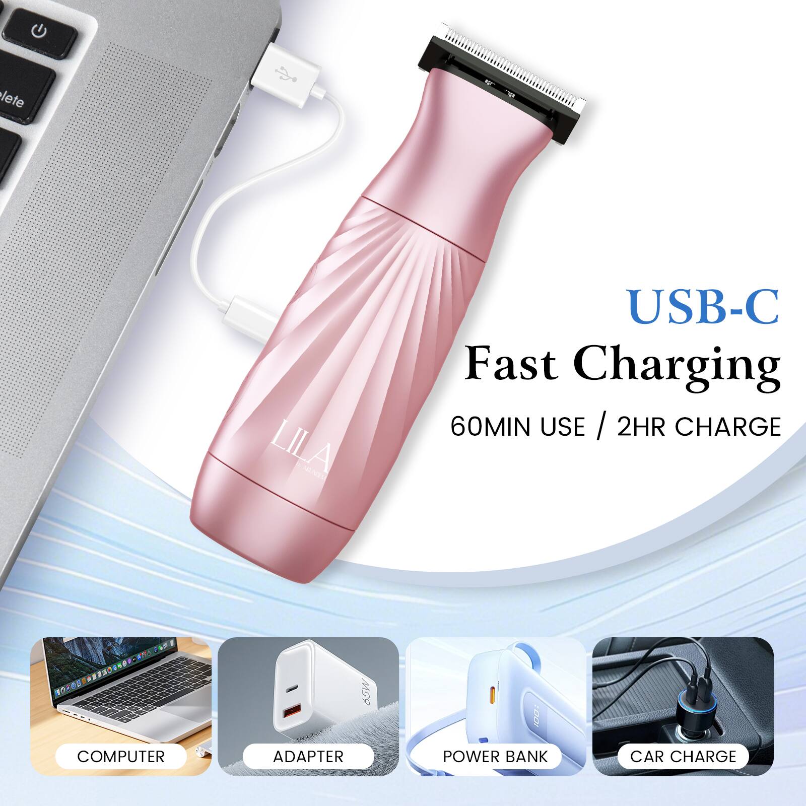 LILA - N - USB-C Fast Charging  
60MIN USE / 2HR CHARGE  
MA ... .1 10200 - 65W 00 COMPUTER ADAPTER POWER BANK CAR CHARGE