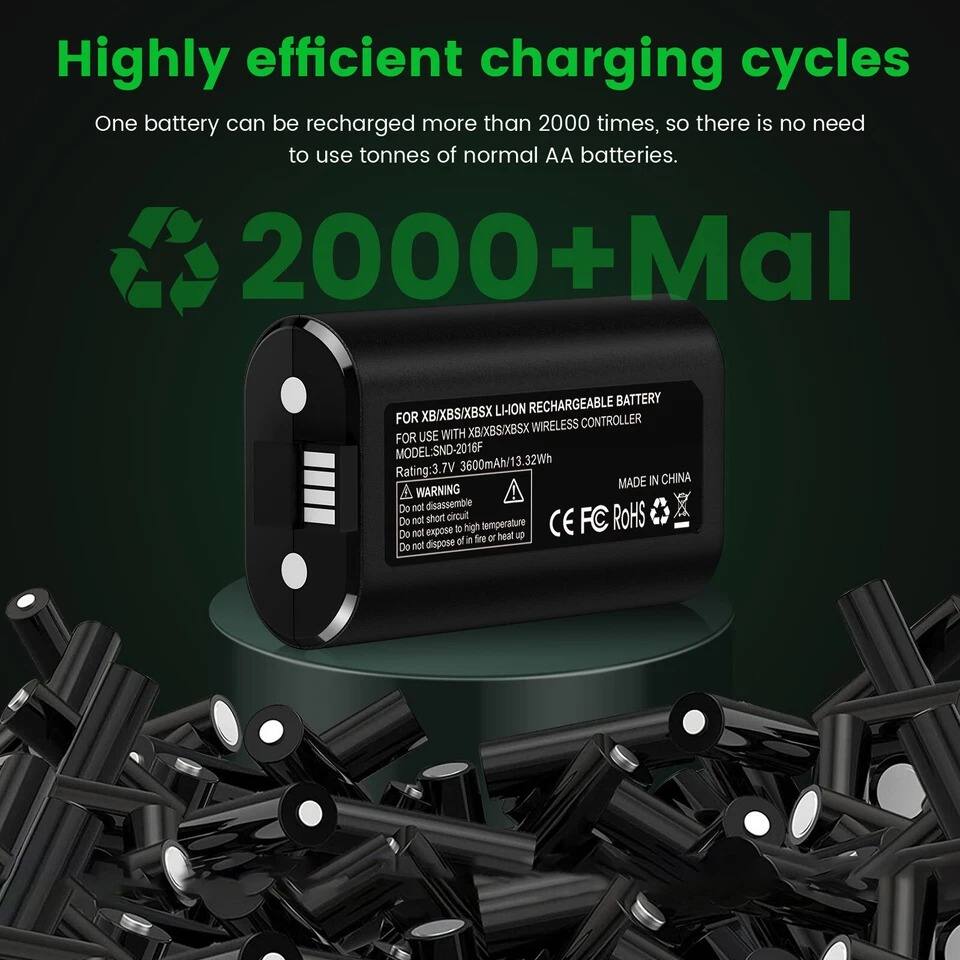 Highly efficient charging cycles  
One battery can be recharged more than 2000 times, so there is no need to use tonnes of normal AA batteries.  

2000+ Mal  

FOR XB/XBS/XBSX LI-ION RECHARGEABLE BATTERY  
FOR USE WITH XB/XBS/XBSX WIRELESS CONTROLLER  
MODEL: SND-2016F  
Rating: 3.7V 3600mAh/13.32Wh  
MADE IN CHINA  

WARNING  
Do not disassemble  
Do not short circuit  
Do not expose to high temperature  
Do not dispose of in fire or heat up  

CE FC RoHS