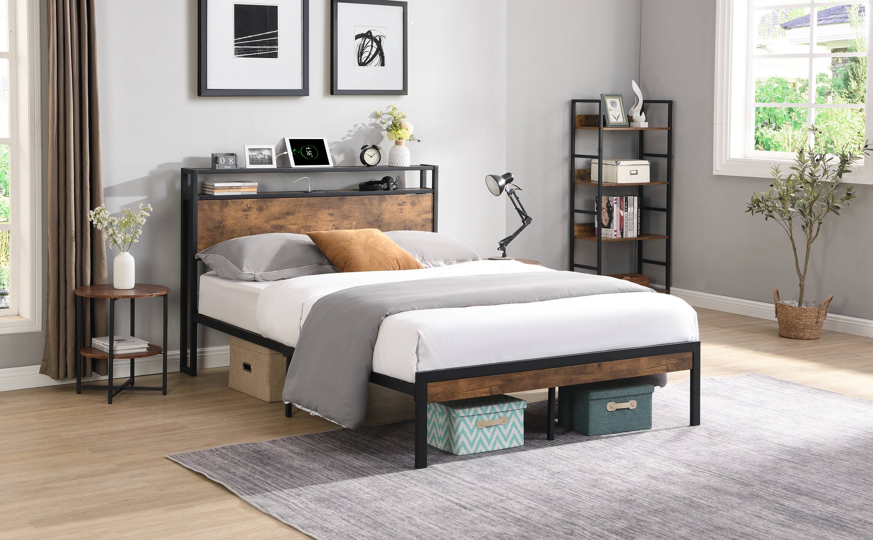 Back. Trinkets Crazed - King Size Metal Platform Bed Frame with Wooden Headboard and Footboard with USB Liner, No Box Spring Needed - Black.