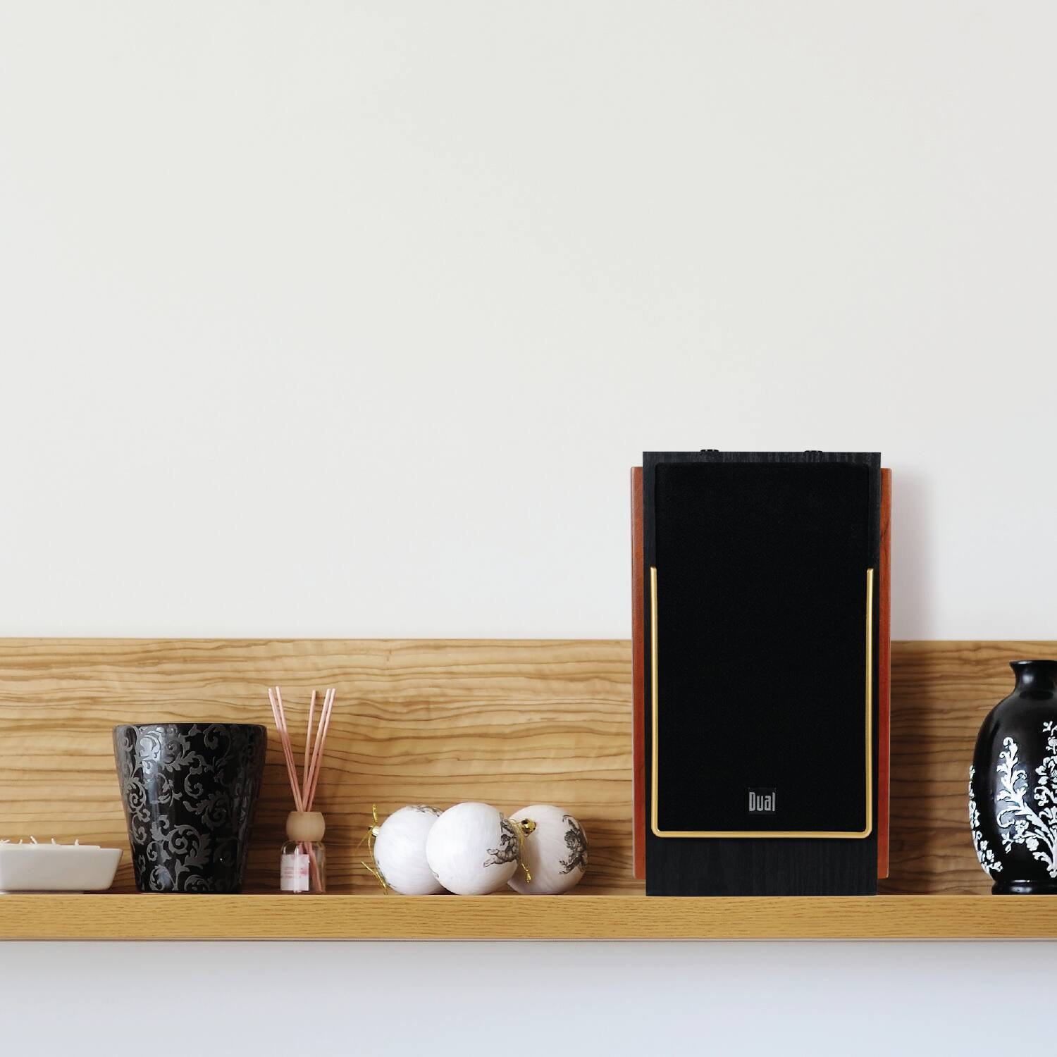 Alt View 7. Dual - Bookshelf Speakers Pair | 2-Way Design | Bluetooth | Class-D Amp | Cherrywood & Black Finish | Remote - Cherrywood and Black.