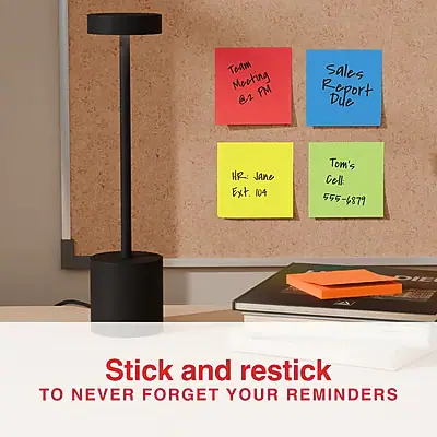 Team Meeting PM @2  
Sales Report Due  
HR: Jane Ext. 104  
Tom's Cell: 555-6879  

Stick and restick  
TO NEVER FORGET YOUR REMINDERS