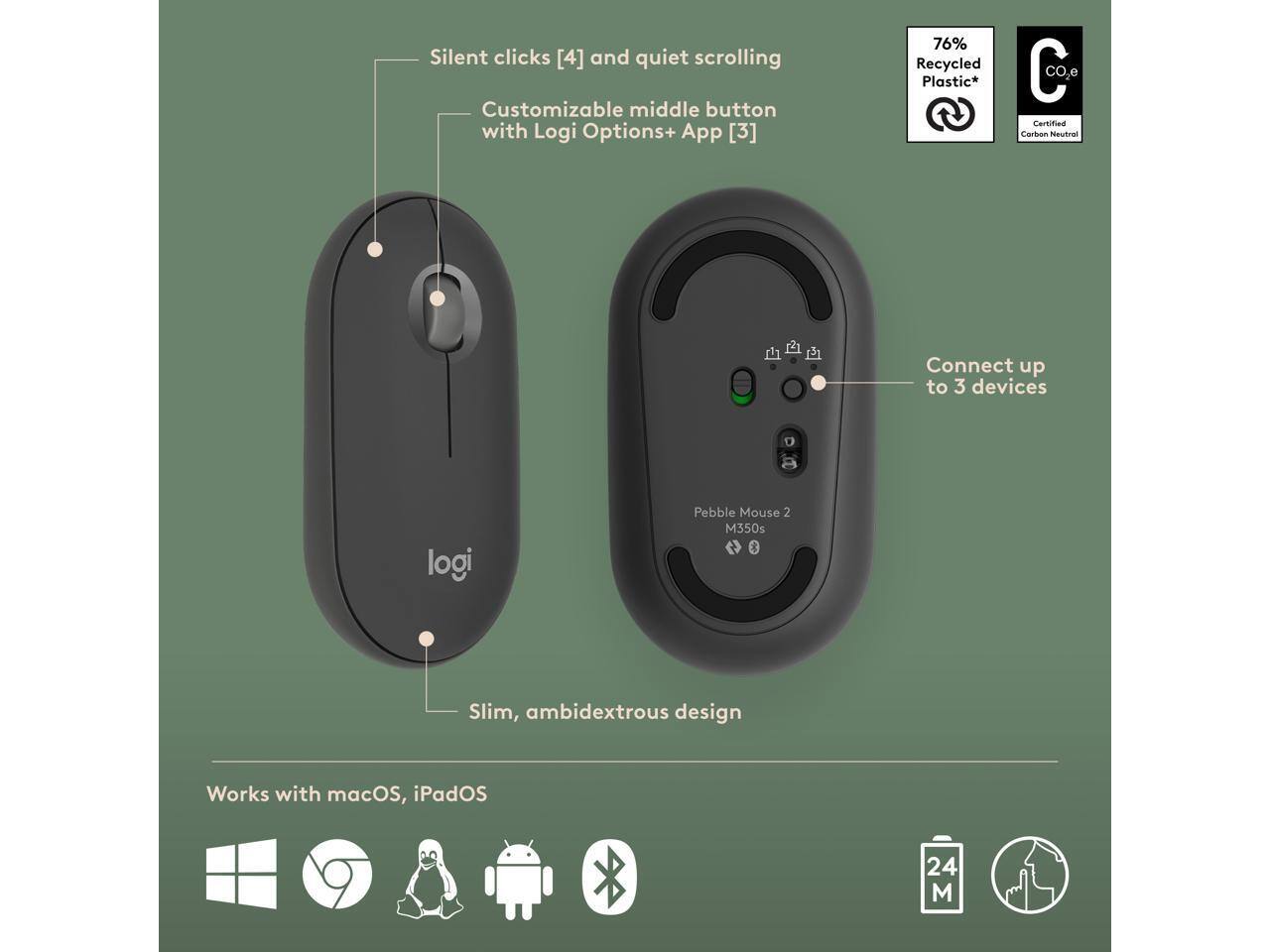 Silent clicks [4] and quiet scrolling  
Customizable middle button with Logi Options+ App [3]  
76% Recycled Plastic*  
CO2 Certified Carbon Neutral  

Connect up to 3 devices  
logi Pebble Mouse 2 M350s  

Slim, ambidextrous design  
Works with macOS, iPadOS  

24 M