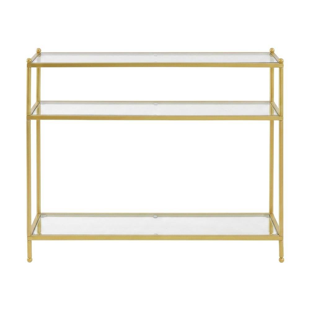 Angle. FurniFact - Glass console table with three tiers, modern design for versatile use - Glass/Gold.