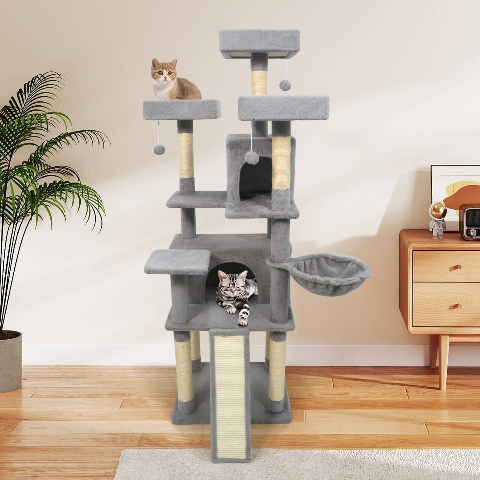 Alt View 1. Costway - Costway 65" Tall Multi-level Cat Tree with 3 Upholstered Top Perch 2 Cat Condos Cat Basket.
