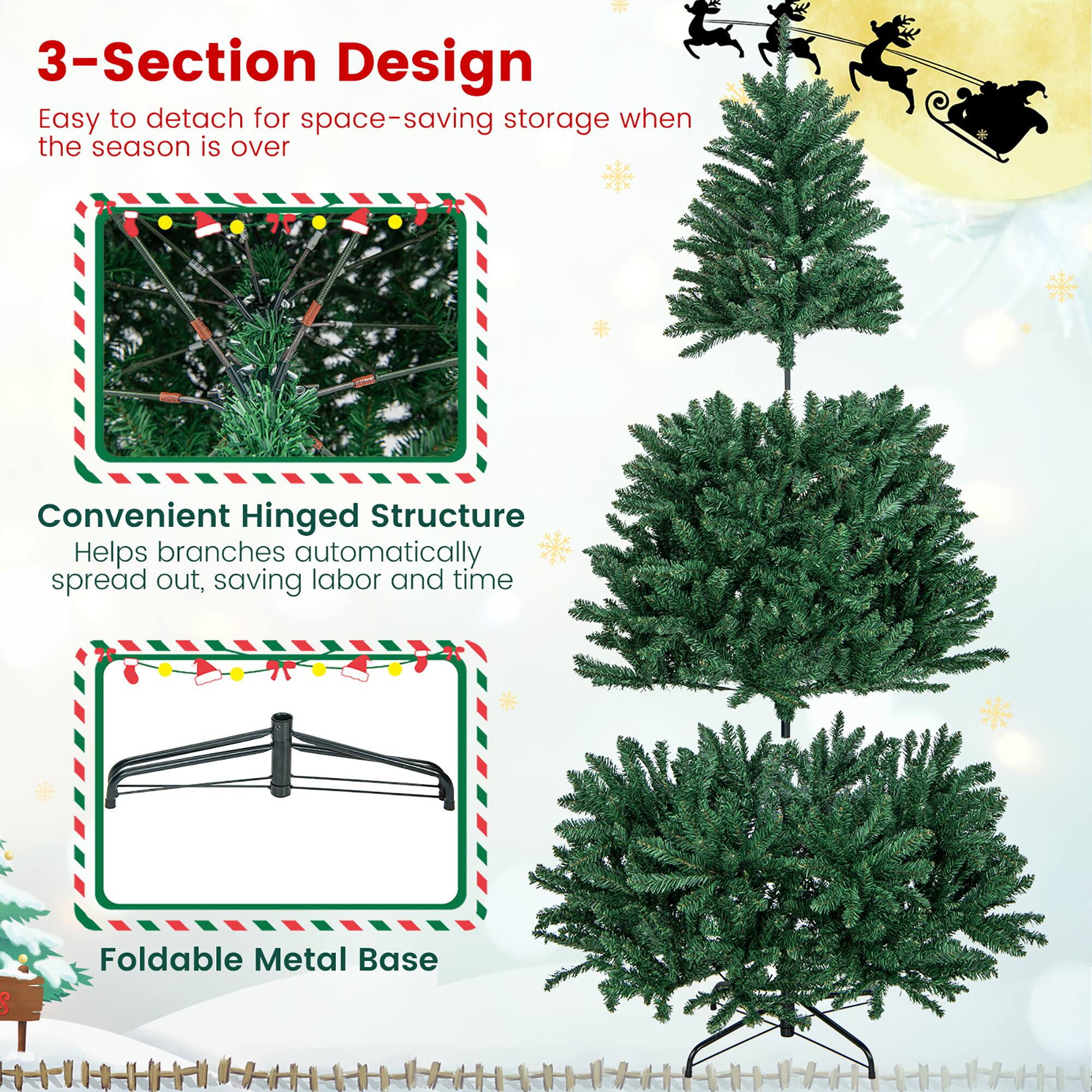 3-Section Design  
Easy to detach for space-saving storage when the season is over  

Convenient Hinged Structure  
Helps branches automatically spread out, saving labor and time  

Foldable Metal Base