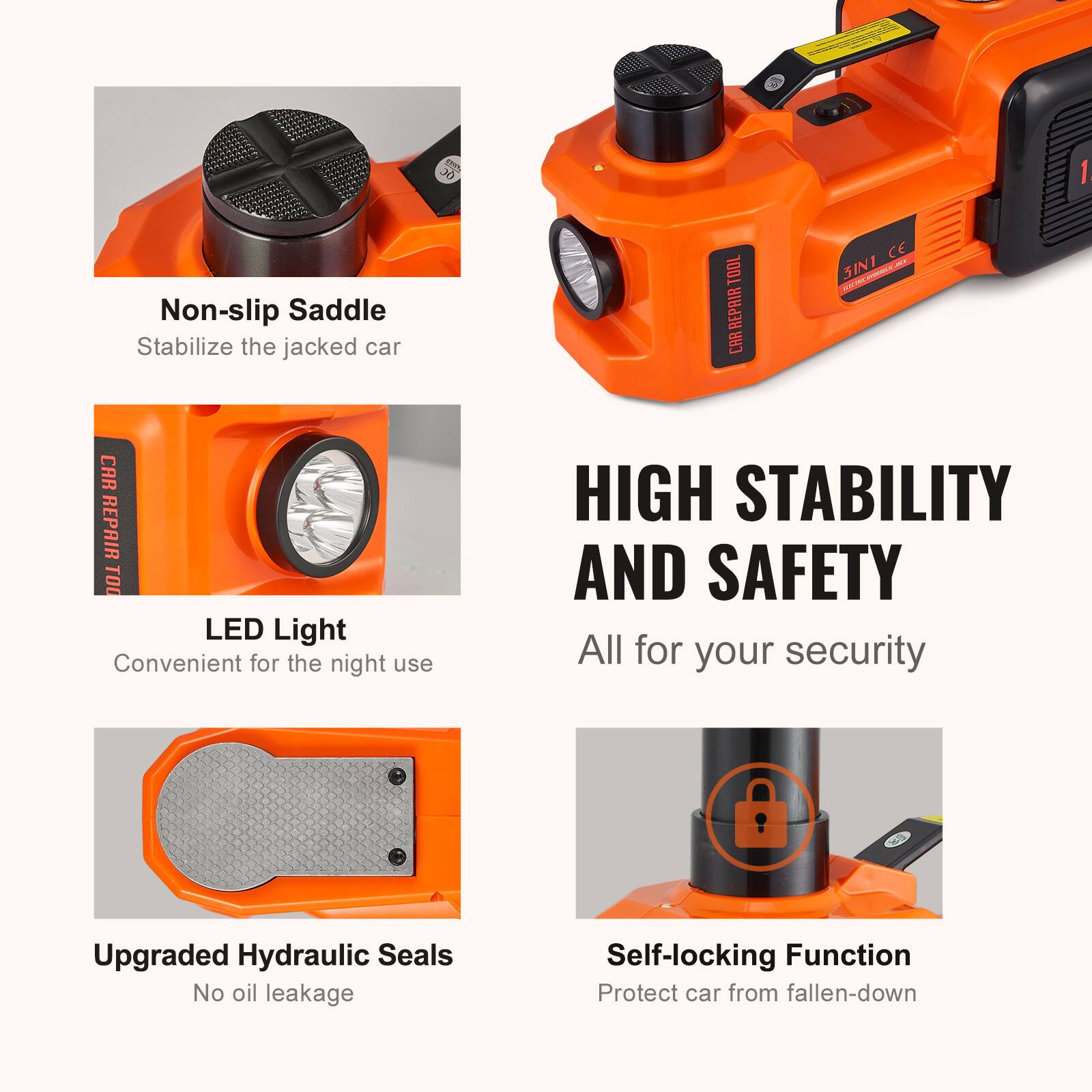 1. Non-slip Saddle
   - Stabilize the jacked car

2. LED Light
   - Convenient for the night use

3. HIGH STABILITY AND SAFETY
   - All for your security

4. Upgraded Hydraulic Seals
   - No oil leakage

5. Self-locking Function
   - Protect car from fallen-down