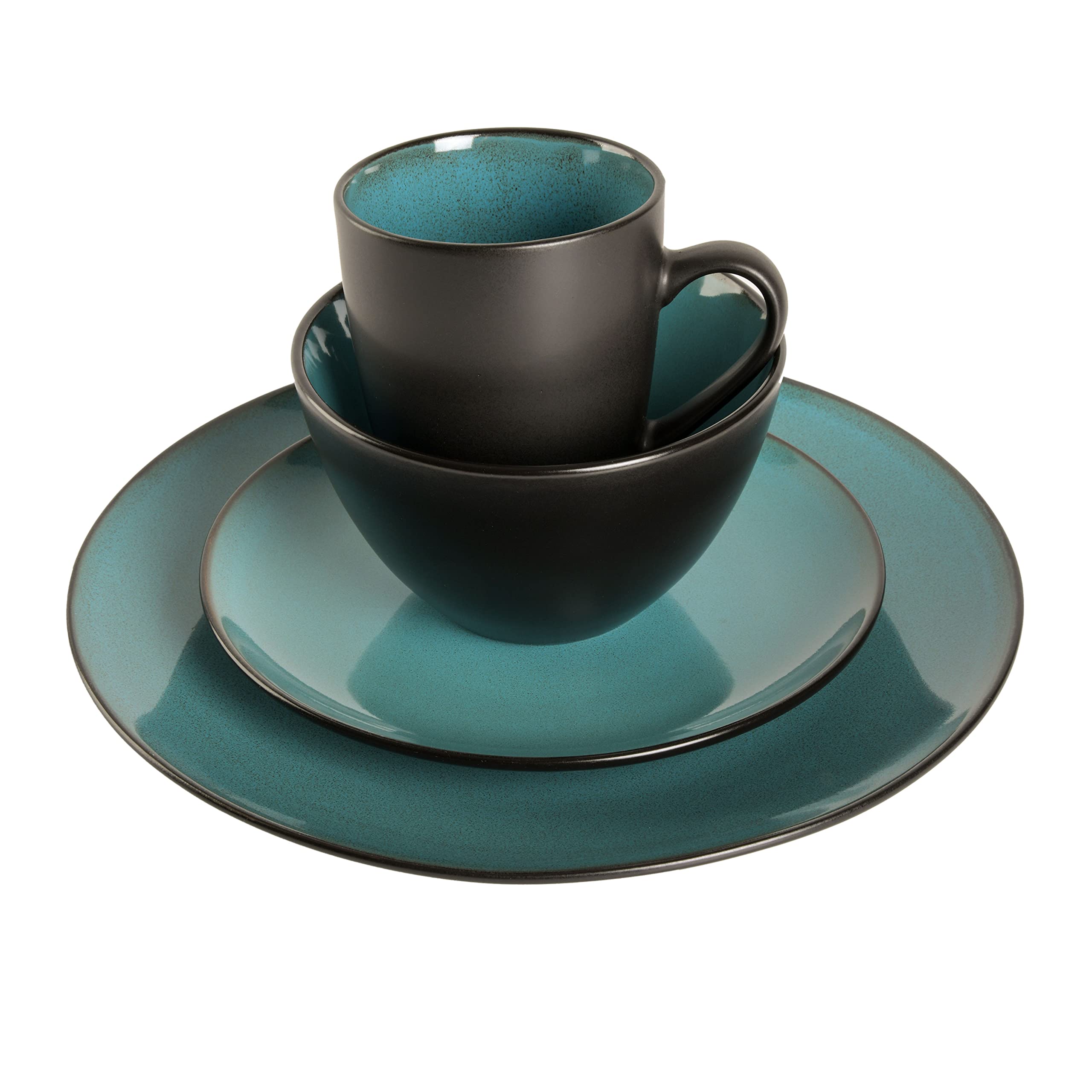 Left. Dazzed Corner - Round Reactive Glaze Stoneware Dinnerware Set, Service for 4 (16pc) - Teal.