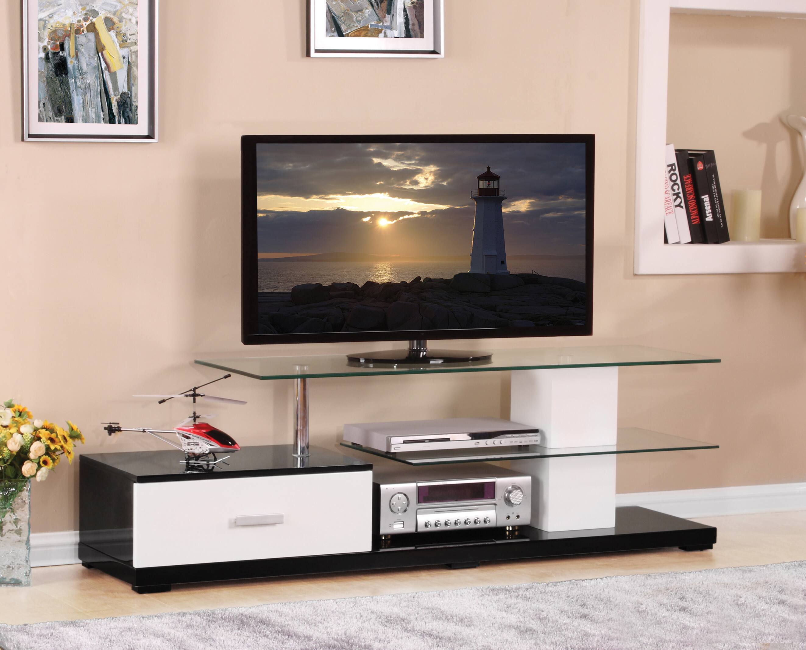 Spaco - Rectangular TV Stand, Entertainment Center with 1 Drawer and 2 Tempered Glass Shelves for 60 Inch Flat Panel TVs - Black,White