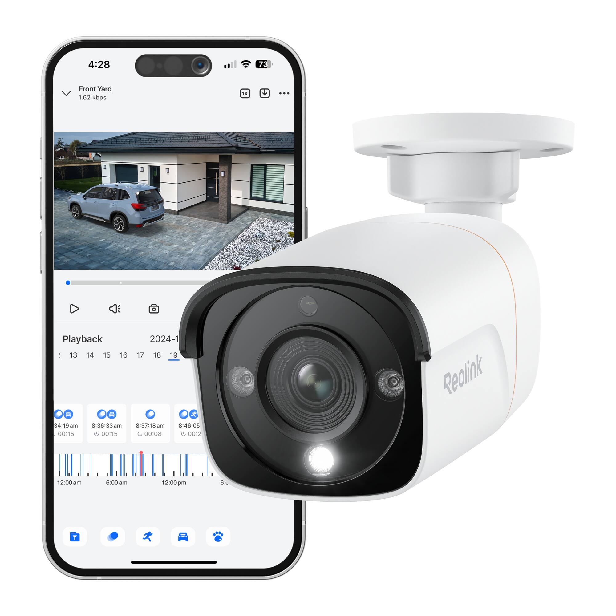 Front Yard  
1.62 kbps  

Playback  
2024-1  

34:19 am - 8:36:33 am  
8:37:18 am  
8:46:05 am  

00:15  
00:15  
00:08  
00:2  

12:00 am  
6:00 am  
12:00 pm  
6:00 pm  

Reolink