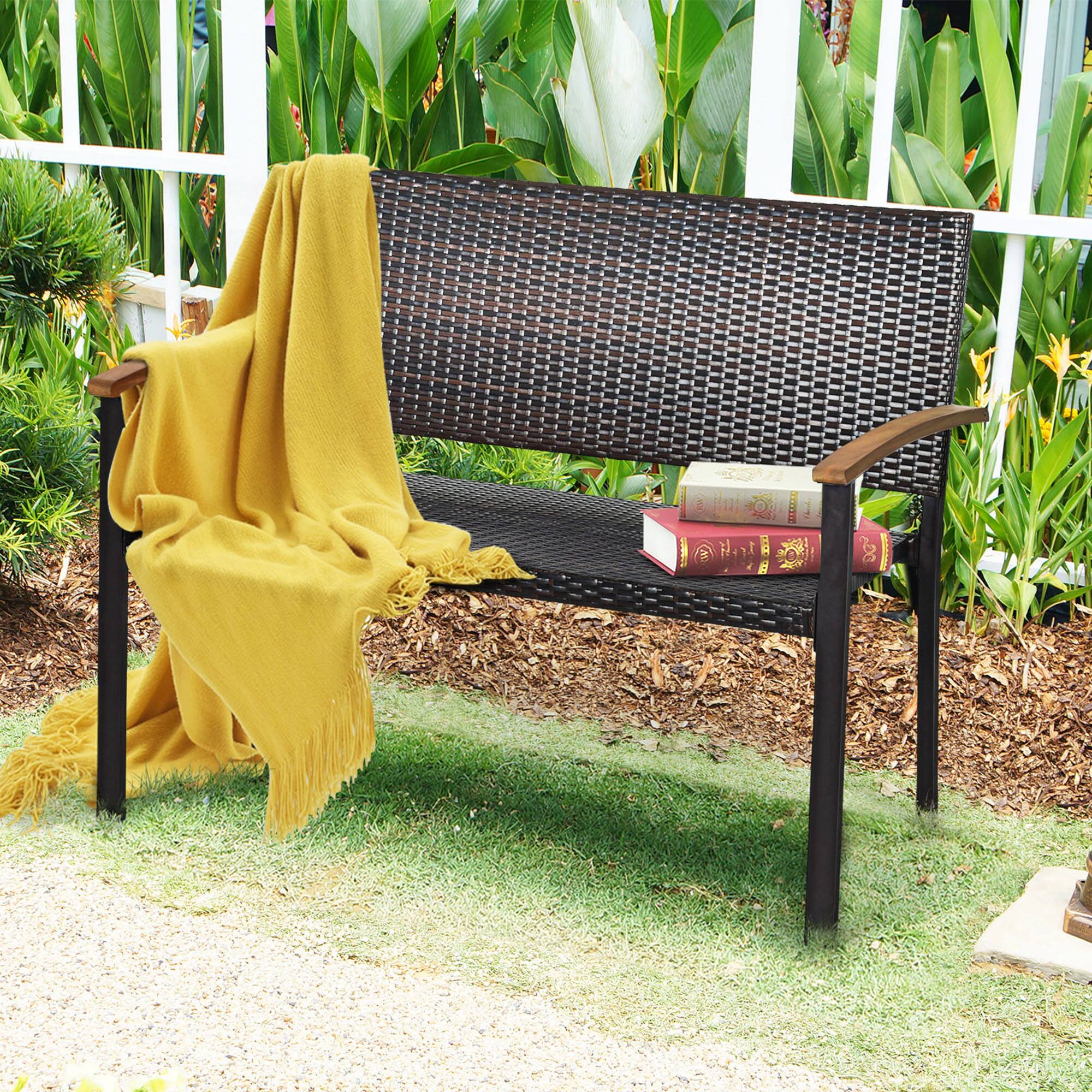 Alt View 2. Gymax - Gymax Patio Wicker Bench All Weather Rattan Chair Loveseat w/ Acacia Armrest - Black.