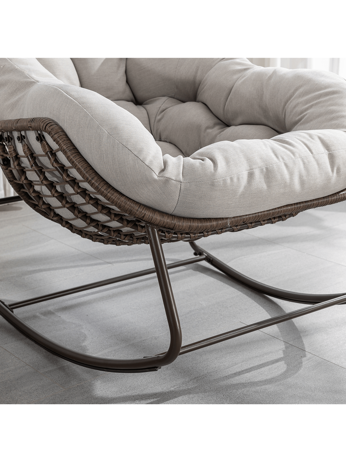 Angle. Trinkets Crazed - Outdoor Patio Rocking Chair, Comfy Wicker Rocker Chair With Padded Cushion, Oversized Rattan Papasan Egg Chair - Beige.