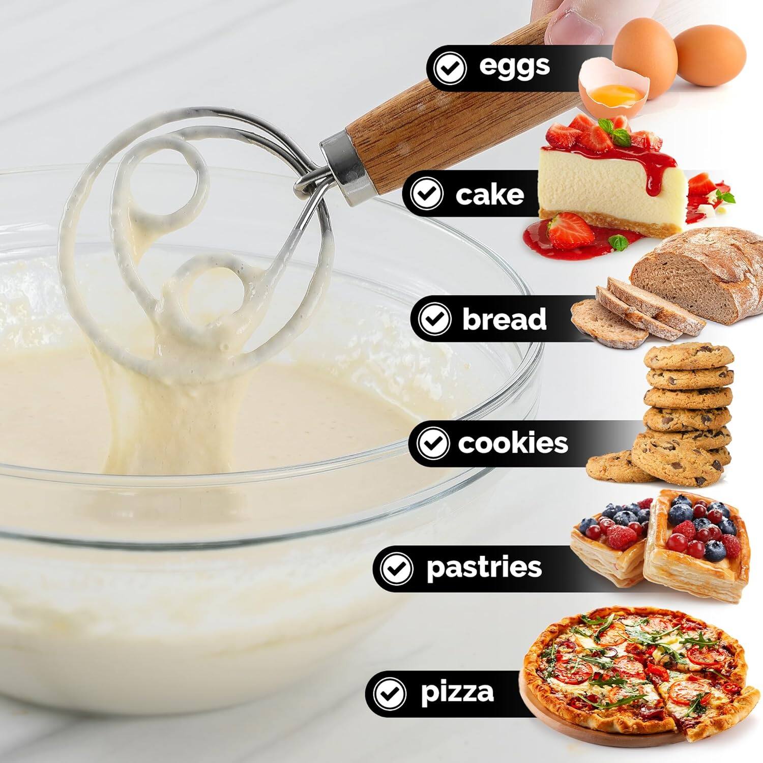 eggs, cake, bread, cookies, pastries, pizza
