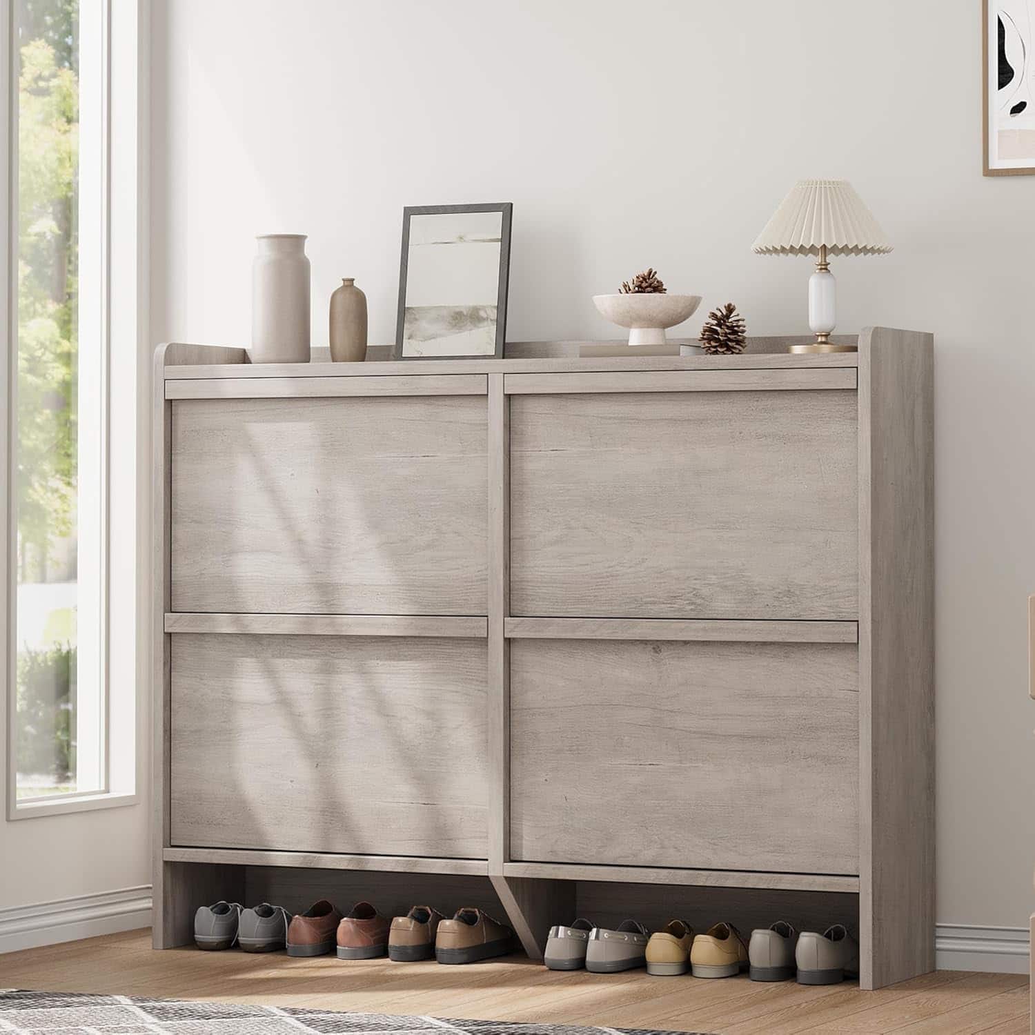 Acekool - Shoe Cabinet with 4 Flip Drawers, Wooden Narrow Entryway Shoe Organizer with Adjustable Shelf, Hidden Shoe Storage, Grey - Gray